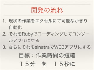 開発の流れ
1. 現状の作業をエクセルにて可能なかぎり
自動化
2. それをRubyでコーディングしてコンソー
ルアプリにする
3. さらにそれをsinatraでWEBアプリにする
目標：作業時間の短縮
１５分 を １５秒に
 