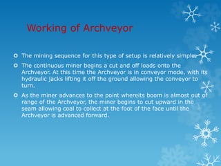 Working of Archveyor
 The mining sequence for this type of setup is relatively simple.
 The continuous miner begins a cut and off loads onto the
Archveyor. At this time the Archveyor is in conveyor mode, with its
hydraulic jacks lifting it off the ground allowing the conveyor to
turn.
 As the miner advances to the point whereits boom is almost out of
range of the Archveyor, the miner begins to cut upward in the
seam allowing coal to collect at the foot of the face until the
Archveyor is advanced forward.
 