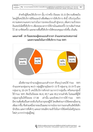 49
สาหรับผู้ที่เคยใช้บริการฯ นั้น กว่าครึ่ง (ร้อยละ 55.5) มีความพึงพอใจ
โดยผู้ที่เคยใช้บริการมีข้อแนะนาเพื่อพัฒนาการให้บริการ ดังนี้ ปรับปรุงเรื่อง
ความสะดวกและความง่ายในการลงทะเบียนเข้าสู่ระบบ เพิ่มความเร็วของ
อินเทอร์เน็ตที่ให้บริการ เพิ่มระยะเวลาการใช้งานในแต่ละครั้ง (จากเดิมกาหนด
ไว้ 30 นาทีต่อครั้ง) และขยายพื้นที่ให้บริการให้ครอบคลุมมากยิ่งขึ้น เป็นต้น
แผนภำพที่ 19 ร้อยละของผู้ตอบแบบสำรวจฯ จำแนกตำมประสบกำรณ์
และควำมพอใจในกำรใช้บริกำร Free WiFi
เมื่อพิจารณาจานวนผู้ตอบแบบสารวจฯ ที่ระบุว่าเคยใช้ Free WiFi
จาแนกตามกลุ่มอายุ พบว่า กลุ่มผู้มีอายุน้อยกว่า 15 ปี กลุ่มอายุ 15-19 ปี และ
กลุ่มอายุ 20-24 ปี เคยใช้บริการดังกล่าวมากกว่ากลุ่มอื่น หรือคนกลุ่มนี้
ใช้ Free WiFi คิดเป็นร้อยละ 46.4, 49.7 และ 45.2 ตามลาดับ ในขณะที่ผู้ใช้
กลุ่มอายุอื่นใช้ร้อยละ 17-38 เท่านั้น และยังพบว่าการใช้ Free WiFi
มีความสัมพันธ์ในทางกลับกันกับอายุของผู้ใช้ โดยสัดส่วนการใช้ลดลงเมื่ออายุ
เพิ่มมากขึ้น ซึ่งส่วนหนึ่งอาจจะเป็นผลมาจากนโยบายการแจกแท็บเล็ตให้เด็ก
นักเรียน และการที่เด็กๆ และเยาวชนมีความเข้าใจในการใช้เทคโนโลยีรูปแบบ
ใหม่ๆ มากกว่ากลุ่มผู้ใหญ่
ไม่เคยใช้,
64.8%
พอใจ,
55.5%
ไม่พอใจ,
44.5%
เคยใช้
35.3%
 