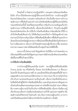 62
ปัจจุบันนี้ เราไม่สามารถปฎิเสธได้ว่า กระแสความนิยมของโซเชียล
มีเดีย เข้ามามีอิทธิพลต่อกลุ่มผู้ใช้อินเทอร์เน็ตทั่วโลก รวมถึงกลุ่มผู้ใช้
อินเทอร์เน็ตของไทย กระแสความนิยมดังกล่าวจึงเป็นที่มาของการสารวจ
พฤติกรรมการซื้อสินค้าและบริการผ่านโซเชียลมีเดียของผู้ใช้อินเทอร์เน็ตใน
ประเทศไทยในครั้งนี้ โดยมีวัตถุประสงค์ในการจัดเก็บรวบรวมข้อมูลเกี่ยวกับ
พฤติกรรมการใช้โซเชียลมีเดีย เพื่อสะท้อนให้เห็นว่า ปัจจุบันกลุ่มผู้ใช้
อินเทอร์เน็ตของไทย มีการใช้บริการโซเชียลมีเดียมากน้อยเพียงใด มีวิธีการ
เข้าถึงโซเชียลมีเดียอย่างไร ใช้เพื่อวัตถุประสงค์ใดบ้าง ซึ่งข้อมูลดังกล่าวจะ
สามารถนาไปวิเคราะห์แนวโน้มการใช้โซเชียลมีเดียเพื่อการซื้อสินค้าและบริการ
อันจะเป็นประโยชน์ต่อผู้ประกอบการที่สนใจจะใช้โซเชียลมีเดียเป็นอีกช่องทาง
ในการเพิ่มยอดขาย เนื่องจากเข้าใจพฤติกรรมของผู้บริโภคมากขึ้น ตลอดจน
สามารถวางแผนการตลาดให้สอดคล้องกับกลุ่มเป้าหมายได้ดียิ่งขึ้น
นอกจากนี้ ยังสามารถนาข้อมูลดังกล่าวไปใช้ในการกาหนดนโยบาย
หรือกลยุทธ์ที่ช่วยผลักดันให้มูลค่าธุรกรรมทางอิเล็กทรอนิกส์ของประเทศไทย
เพิ่มขึ้นตามที่ตั้งเป้าหมายไว้ด้วย
กำรใช้บริกำรโซเชียลมีเดีย
จากจานวนผู้ใช้อินเทอร์เน็ต 23,907 คน มีผู้ที่เคยใช้โซเชียลมีเดีย
จานวน 22,421 คน หรือคิดเป็น ร้อยละ 93.8 มีเพียงร้อยละ 6.2 ที่ระบุว่า
ไม่เคยใช้ ดังแสดงในแผนภาพที่ 26 และเมื่อขอให้ระบุถึงเหตุผลที่ไม่ใช้ พบว่า
เหตุผลหลักๆ สามารถจาแนกได้สามประการ ประการแรก คือ ความวิตกกังวล
เกี่ยวกับความปลอดภัยและความเป็นส่วนตัว เนื่องจากไม่เชื่อมั่นในระบบ
ไม่เชื่อมั่นในตัวผู้ให้บริการโซเชียลมีเดียนั้นๆ และกลัวถูกหลอกลวงข้อมูลความ
เป็นส่วนตัวจนมีผลกระทบต่อธุรกรรมทางการเงินที่ทาออนไลน์ ประการที่สอง
คือ ขาดความรู้ความเข้าใจเกี่ยวกับการใช้โซเชียลมีเดีย เนื่องจากไม่มีความรู้
เกี่ยวกับระบบดังกล่าว ไม่เห็นประโยชน์ของการเข้าใช้ และประการสุดท้าย คือ
พฤติกรรมในชีวิตประจาวันส่วนตัว เช่น ต้องการพบปะผู้คนจริงๆ มากกว่า
เจอกันในสังคมออนไลน์ ไม่มีเวลาสาหรับกิจกรรมดังกล่าว เป็นต้น
 