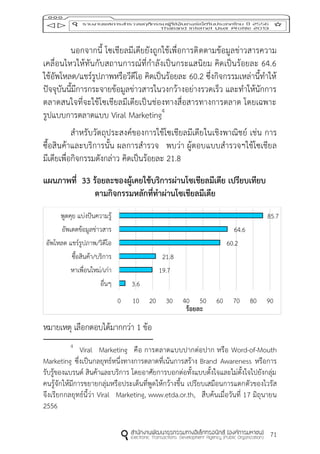 71
นอกจากนี้ โซเชียลมีเดียยังถูกใช้เพื่อการติดตามข้อมูลข่าวสารความ
เคลื่อนไหวให้ทันกับสถานการณ์ที่กาลังเป็นกระแสนิยม คิดเป็นร้อยละ 64.6
ใช้อัพโหลด/แชร์รูปภาพหรือวีดีโอ คิดเป็นร้อยละ 60.2 ซึ่งกิจกรรมเหล่านี้ทาให้
ปัจจุบันนี้มีการกระจายข้อมูลข่าวสารในวงกว้างอย่างรวดเร็ว และทาให้นักการ
ตลาดสนใจที่จะใช้โซเชียลมีเดียเป็นช่องทางสื่อสารทางการตลาด โดยเฉพาะ
รูปแบบการตลาดแบบ Viral Marketing4
สาหรับวัตถุประสงค์ของการใช้โซเชียลมีเดียในเชิงพาณิชย์ เช่น การ
ซื้อสินค้าและบริการนั้น ผลการสารวจ พบว่า ผู้ตอบแบบสารวจฯใช้โซเชียล
มีเดียเพื่อกิจกรรมดังกล่าว คิดเป็นร้อยละ 21.8
แผนภำพที่ 33 ร้อยละของผู้เคยใช้บริกำรผ่ำนโซเชียลมีเดีย เปรียบเทียบ
ตำมกิจกรรมหลักที่ทำผ่ำนโซเชียลมีเดีย
หมายเหตุ เลือกตอบได้มากกว่า 1 ข้อ
4
Viral Marketing คือ การตลาดแบบปากต่อปาก หรือ Word-of-Mouth
Marketing ซึ่งเป็นกลยุทธ์หนึ่งทางการตลาดที่เน้นการสร้าง Brand Awareness หรือการ
รับรู้ของแบรนด์ สินค้าและบริการ โดยอาศัยการบอกต่อทั้งแบบตั้งใจและไม่ตั้งใจไปยังกลุ่ม
คนรู้จักให้มีการขยายกลุ่มหรือประเด็นที่พูดให้กว้างขึ้น เปรียบเสมือนการแตกตัวของไวรัส
จึงเรียกกลยุทธ์นี้ว่า Viral Marketing, www.etda.or.th, สืบค้นเมื่อวันที่ 17 มิถุนายน
2556
3.6
19.7
21.8
60.2
64.6
85.7
0 10 20 30 40 50 60 70 80 90
อื่นๆ
หาเพื่อนใหม่/เก่า
ซื้อสินค้า/บริการ
อัพโหลด แชร์รูปภาพ/วิดีโอ
อัพเดตข้อมูลข่าวสาร
พูดคุย แบ่งปันความรู้
ร้อยละ
 