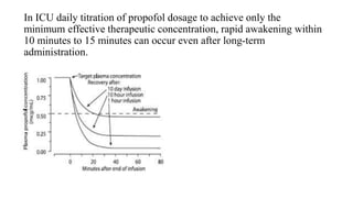 In ICU daily titration of propofol dosage to achieve only the
minimum effective therapeutic concentration, rapid awakening within
10 minutes to 15 minutes can occur even after long-term
administration.
 