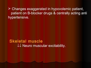  Changes exaggerated in hypovolemic patient,
patient on B-blocker drugs & centrally acting anti
hypertensive.
Skeletal muscle
↓↓ Neuro muscular excitability.
 