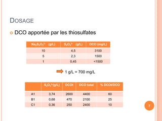 DOSAGE
   DCO apportée par les thiosulfates

          Na2S2O32- (g/L)      S2O32- (g/L)      DCO (mg/L)

                10                 4,5               3100
                5                  2,3               1500
                1                 0,45               <1500


                               1 g/L = 700 mg/L


                 S2O32-(g/L)   DCOt      DCO total      % DCOt/DCO

          A1         3,74       2600          4400            60
          B1         0,68       470           2100            25
          C1         0,36       250           2400            10     7
 