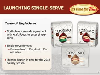 LAUNCHING SINGLE-SERVE


Tassimo® Single-Serve

 North American-wide agreement
 with Kraft Foods to enter single-
 serve

 Single-serve formats
   Premium-blend coffee, decaf coffee
   and lattes


 Planned launch in time for the 2012
 holiday season


                                        10
 