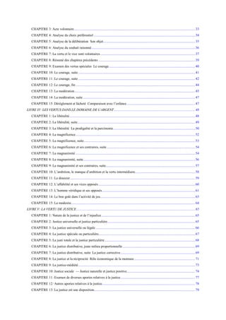 CHAPITRE 3: Acte volontaire.....................................................................................................................................33
CHAPITRE 4: Analyse du choix préférentiel ...............................................................................................................34
CHAPITRE 5: Analyse de la délibération Son objet.....................................................................................................35
CHAPITRE 6: Analyse du souhait raisonné..................................................................................................................36
CHAPITRE 7: La vertu et le vice sont volontaires........................................................................................................37
CHAPITRE 8: Résumé des chapitres précédents ..........................................................................................................39
CHAPITRE 9: Examen des vertus spéciales Le courage............................................................................................... 40
CHAPITRE 10: Le courage, suite ................................................................................................................................ 41
CHAPITRE 11: Le courage, suite ................................................................................................................................ 42
CHAPITRE 12: Le courage, fin ...................................................................................................................................44
CHAPITRE 13: La modération....................................................................................................................................45
CHAPITRE 14: La modération, suite........................................................................................................................... 47
CHAPITRE 15: Dérèglement et lâcheté Comparaison avec l’enfance...........................................................................47
LIVRE IV: LES VERTUS DANS LE DOMAINE DE L'ARGENT.........................................................................................48
CHAPITRE 1: La libéralité..........................................................................................................................................48
CHAPITRE 2: La libéralité, suite.................................................................................................................................49
CHAPITRE 3: La libéralité La prodigalité et la parcimonie.......................................................................................... 50
CHAPITRE 4: La magnificence...................................................................................................................................52
CHAPITRE 5: La magnificence, suite.......................................................................................................................... 53
CHAPITRE 6: La magnificence et ses contraires, suite.................................................................................................54
CHAPITRE 7: La magnanimité ...................................................................................................................................54
CHAPITRE 8: La magnanimité, suite........................................................................................................................... 56
CHAPITRE 9: La magnanimité et ses contraires, suite..................................................................................................57
CHAPITRE 10: L’ambition, le manque d’ambition et la vertu intermédiaire..................................................................58
CHAPITRE 11: La douceur.........................................................................................................................................59
CHAPITRE 12: L’affabilité et ses vices opposés..........................................................................................................60
CHAPITRE 13: L’homme véridique et ses opposés......................................................................................................61
CHAPITRE 14: Le bon goût dans l’activité de jeu........................................................................................................63
CHAPITRE 15: La modestie........................................................................................................................................64
LIVRE V: LA VERTU DE JUSTICE..................................................................................................................................65
CHAPITRE 1: Nature de la justice et de l’injuslice.......................................................................................................65
CHAPITRE 2: Justice universelle et justice particulière................................................................................................ 65
CHAPITRE 3: La justice universelle ou légale .............................................................................................................66
CHAPITRE 4: La justice spéciale ou particulière..........................................................................................................67
CHAPITRE 5: La justi totale et la justice particulière ...................................................................................................68
CHAPITRE 6: La justice distributive, juste milieu proportionnelle................................................................................69
CHAPITRE 7: La justice distributive, suite La justice corrective..................................................................................69
CHAPITRE 8: La justice et la réciprocité Rôle économique de la monnaie...................................................................71
CHAPITRE 9: La justice-médiété................................................................................................................................ 73
CHAPITRE 10: Justice sociale — Justice naturelle et justice positive...........................................................................74
CHAPITRE 11: Examen de diverses apories relatives à la justice..................................................................................77
CHAPITRE 12: Autres apories relatives à la justice......................................................................................................78
CHAPITRE 13: La justice est une disposition...............................................................................................................79
 