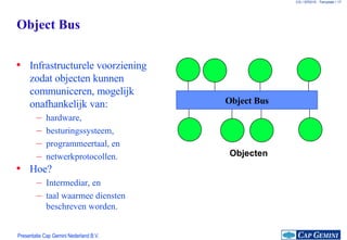 Object Bus Hoe? Intermediar, en taal waarmee diensten beschreven worden.  Infrastructurele voorziening zodat objecten kunnen communiceren, mogelijk onafhankelijk van: hardware, besturingssysteem, programmeertaal, en netwerkprotocollen. Object Bus Objecten Object Bus 