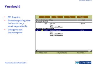 Voorbeeld MS Investor Internettoepassing voor het beheer van je aandelenportefeuille Gekoppeld aan beurscomputer 