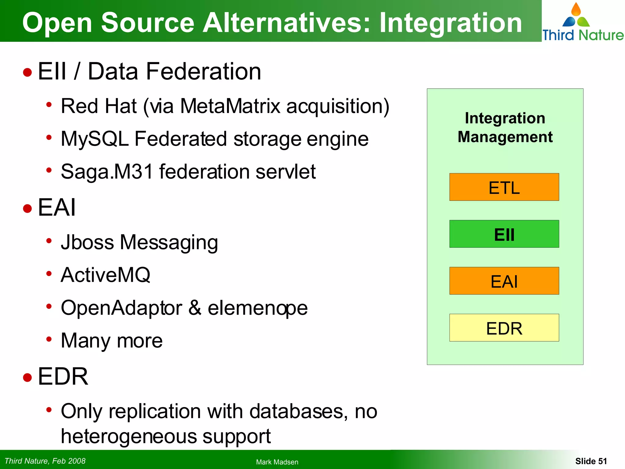 Open Source Alternatives: Integration EII / Data Federation Red Hat (via MetaMatrix acquisition) MySQL Federated storage engine Saga.M31 federation servlet EAI Jboss Messaging ActiveMQ OpenAdaptor & elemenope Many more EDR Only replication with databases, no heterogeneous support Integration   Management ETL EII EAI EDR 