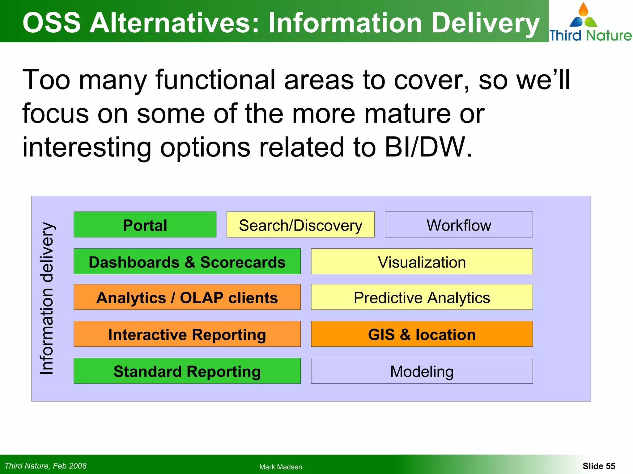OSS Alternatives: Information Delivery Too many functional areas to cover, so we’ll focus on some of the more mature or interesting options related to BI/DW. Information delivery Dashboards & Scorecards Analytics / OLAP clients Interactive Reporting Standard Reporting Visualization GIS & location Predictive Analytics Search/Discovery Modeling Portal Workflow 
