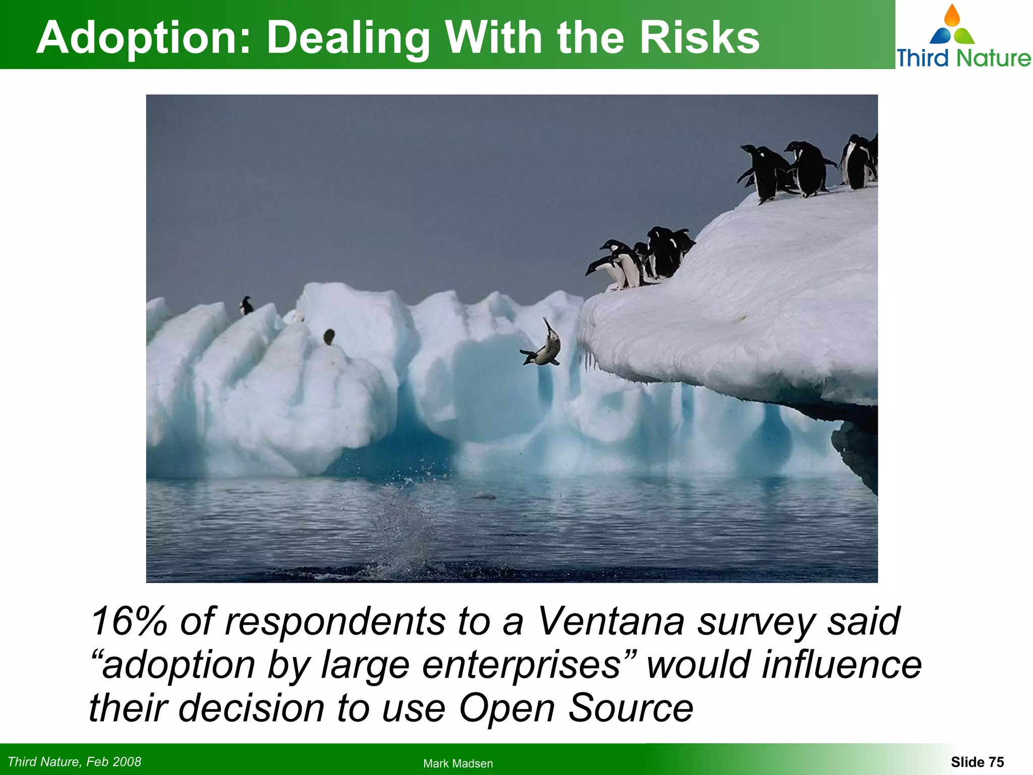 Adoption: Dealing With the Risks 16% of respondents to a Ventana survey said “adoption by large enterprises” would influence their decision to use Open Source 