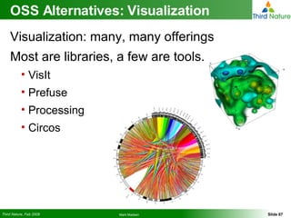 OSS Alternatives: Visualization Visualization: many, many offerings Most are libraries, a few are tools. VisIt Prefuse Processing Circos 
