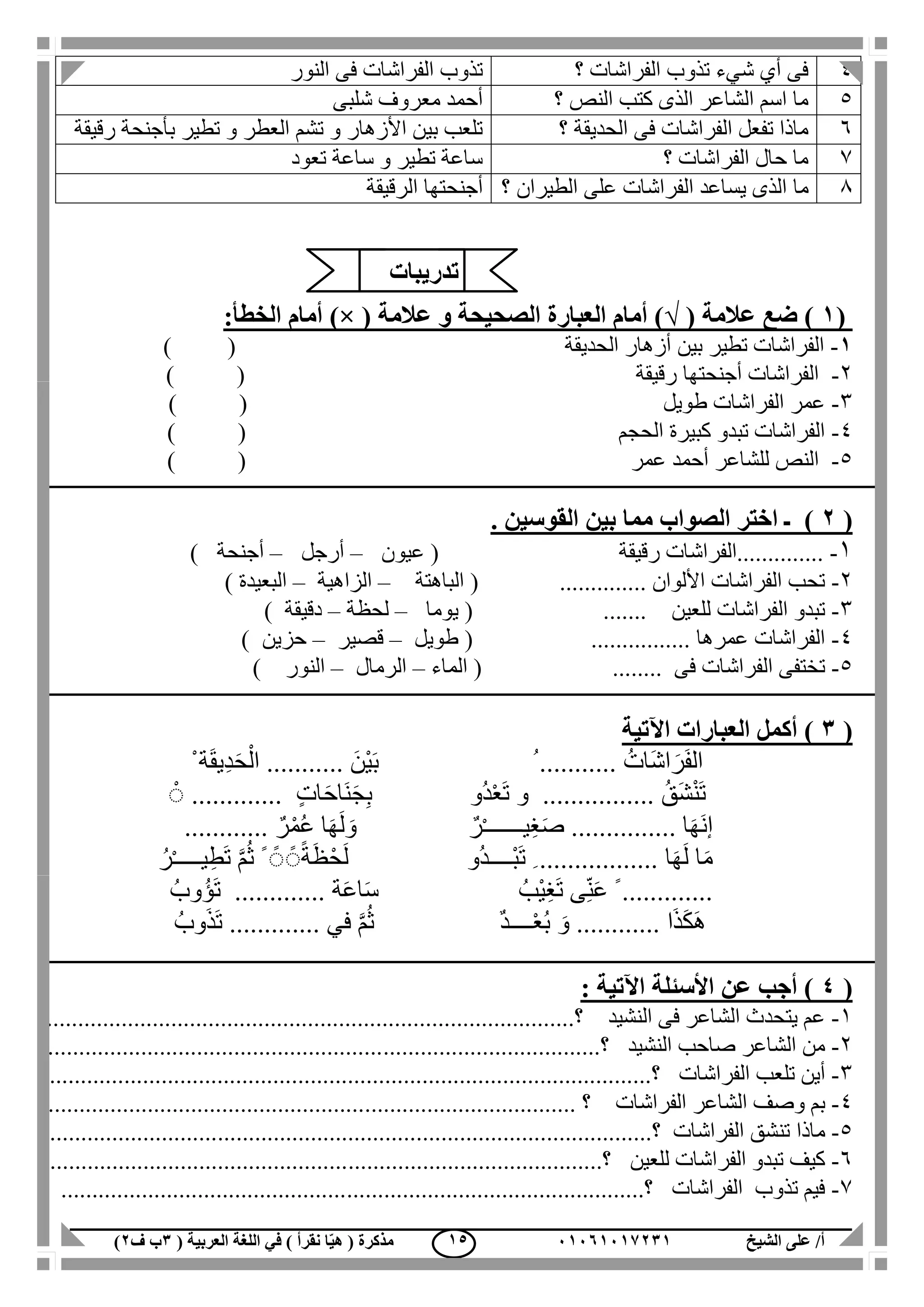 ‫الشيخ‬ ‫على‬ /‫أ‬00070006010( ‫العربية‬ ‫اللغة‬ ‫في‬ ) ‫نقرأ‬ ‫ا‬ّ‫ي‬‫ه‬ ( ‫مذكرة‬1‫ب‬‫ف‬0) 05
4‫؟‬ ‫الفراشات‬ ‫تذوب‬ ‫شيء‬ ‫أي‬ ‫فى‬‫النور‬ ‫فى‬ ‫الفراشات‬ ‫تذوب‬
5‫؟‬ ‫النص‬ ‫كتب‬ ‫الذى‬ ‫الشاعر‬ ‫اسم‬ ‫ما‬‫شلبى‬ ‫معروف‬ ‫أحمد‬
6‫؟‬ ‫الحديقة‬ ‫فى‬ ‫الفراشات‬ ‫تفعل‬ ‫ماذا‬‫رقيقة‬ ‫بأجنحة‬ ‫تطير‬ ‫و‬ ‫العطر‬ ‫تشم‬ ‫و‬ ‫األزهار‬ ‫بين‬ ‫تلعب‬
7‫؟‬ ‫الفراشات‬ ‫حال‬ ‫ما‬‫تعود‬ ‫ساعة‬ ‫و‬ ‫تطير‬ ‫ساعة‬
1‫ما‬‫على‬ ‫الفراشات‬ ‫يساعد‬ ‫الذى‬‫؟‬ ‫الطيران‬‫الرقي‬ ‫أجنحتها‬‫قة‬
(0)( ‫عالمة‬ ‫ضع‬√( ‫عالمة‬ ‫و‬ ‫الصحيحة‬ ‫العبارة‬ ‫أمام‬ ))×:‫الخطأ‬ ‫أمام‬
0-‫الحديقة‬ ‫أزهار‬ ‫بين‬ ‫تطير‬ ‫الفراشات‬()
2-‫رقيقة‬ ‫أجنحتها‬ ‫الفراشات‬()
3-‫طويل‬ ‫الفراشات‬ ‫عمر‬()
4-‫الحجم‬ ‫كبيرة‬ ‫تبدو‬ ‫الفراشات‬()
5-‫أحم‬ ‫للشاعر‬ ‫النص‬‫د‬‫عمر‬()
(0). ‫القوسين‬ ‫بين‬ ‫مما‬ ‫الصواب‬ ‫اختر‬ ‫ـ‬
1-‫رقيقة‬ ‫..............الفراشات‬(‫عيون‬–‫أرجل‬–‫أجنحة‬)
2-.............. ‫األلوان‬ ‫الفراشات‬ ‫تحب‬(‫الباهتة‬–‫الزاهية‬–‫البعيدة‬)
3-‫للعين‬ ‫الفراشات‬ ‫تبدو‬( .......‫يوما‬–‫لحظة‬–‫دقيقة‬)
4-‫عمرها‬ ‫الفراشات‬................(‫طويل‬–‫قصير‬–‫حزين‬)
5-‫فى‬ ‫الفراشات‬ ‫تختفى‬........(‫الماء‬–‫الرمال‬–‫النور‬)
(1‫اآلتي‬ ‫العبارات‬ ‫أكمل‬ )‫ة‬
ْ ‫ة‬َ‫ق‬‫ِي‬‫د‬َ‫ح‬ْ‫ال‬ ........... َ‫ْن‬‫ي‬َ‫ب‬ ُ ........... ُ‫ات‬َ‫ش‬‫ا‬ َ‫ر‬َ‫ف‬‫ال‬
ٍ‫ت‬‫ا‬َ‫ح‬‫َا‬‫ن‬َ‫ج‬ِ‫ب‬ ‫ُو‬‫د‬ْ‫ع‬َ‫ت‬ ‫و‬ ................ ُ‫َق‬‫ش‬ْ‫ن‬َ‫ت‬.............ٌْ
. ‫ا‬َ‫ه‬َ‫ن‬‫إ‬ٌ‫ر‬ْ‫ـ‬‫يــــــ‬ِ‫غ‬َ‫ص‬ ..............ٌ‫ر‬ْ‫م‬ُ‫ع‬ ‫ا‬َ‫ه‬َ‫ل‬ َ‫و‬............
‫ا‬َ‫ه‬َ‫ل‬ ‫ا‬َ‫م‬.................ُِ‫ر‬ْ‫ـ‬‫يــــ‬ِ‫ط‬َ‫ت‬ َّ‫م‬ُ‫ث‬ ً ًٌ ًًٌ‫ة‬َ‫ظ‬ْ‫ح‬َ‫ل‬ ‫ُو‬‫د‬‫ْــــ‬‫ب‬َ‫ت‬
.............ًُ‫ْب‬‫ي‬ِ‫غ‬َ‫ت‬ ‫ى‬ِّ‫ن‬َ‫ع‬‫ة‬َ‫ع‬‫ا‬َ‫س‬.............ُ‫ُوب‬‫ؤ‬َ‫ت‬
‫ا‬َ‫ذ‬َ‫ك‬َ‫ه‬............‫في‬ َّ‫م‬ُ‫ث‬ ٌ‫د‬‫ــــ‬ْ‫ع‬ُ‫ب‬ َ‫و‬.............ُ‫وب‬َ‫ذ‬َ‫ت‬
(4: ‫اآلتية‬ ‫األسئلة‬ ‫عن‬ ‫أجب‬ )
1-‫النشيد‬ ‫فى‬ ‫الشاعر‬ ‫يتحدث‬ ‫عم‬.....‫؟‬................................................................................
2-‫النشيد‬ ‫صاحب‬ ‫الشاعر‬ ‫من‬..........‫؟‬...............................................................................
3-‫أ‬‫ي‬‫ن‬‫الفراشات‬ ‫تلعب‬............................‫؟‬......................................................................
4-‫الشاعر‬ ‫وصف‬ ‫بم‬‫الفراشات‬.................... ‫؟‬.................................................................
5-‫ماذا‬‫الفراشات‬ ‫تنشق‬.................‫؟‬................................................................................
6-‫للعين‬ ‫الفراشات‬ ‫تبدو‬ ‫كيف‬...........................‫؟‬..............................................................
7-‫الفراشات‬ ‫تذوب‬ ‫فيم‬..................................‫؟‬............................................................
‫تدريبات‬
 