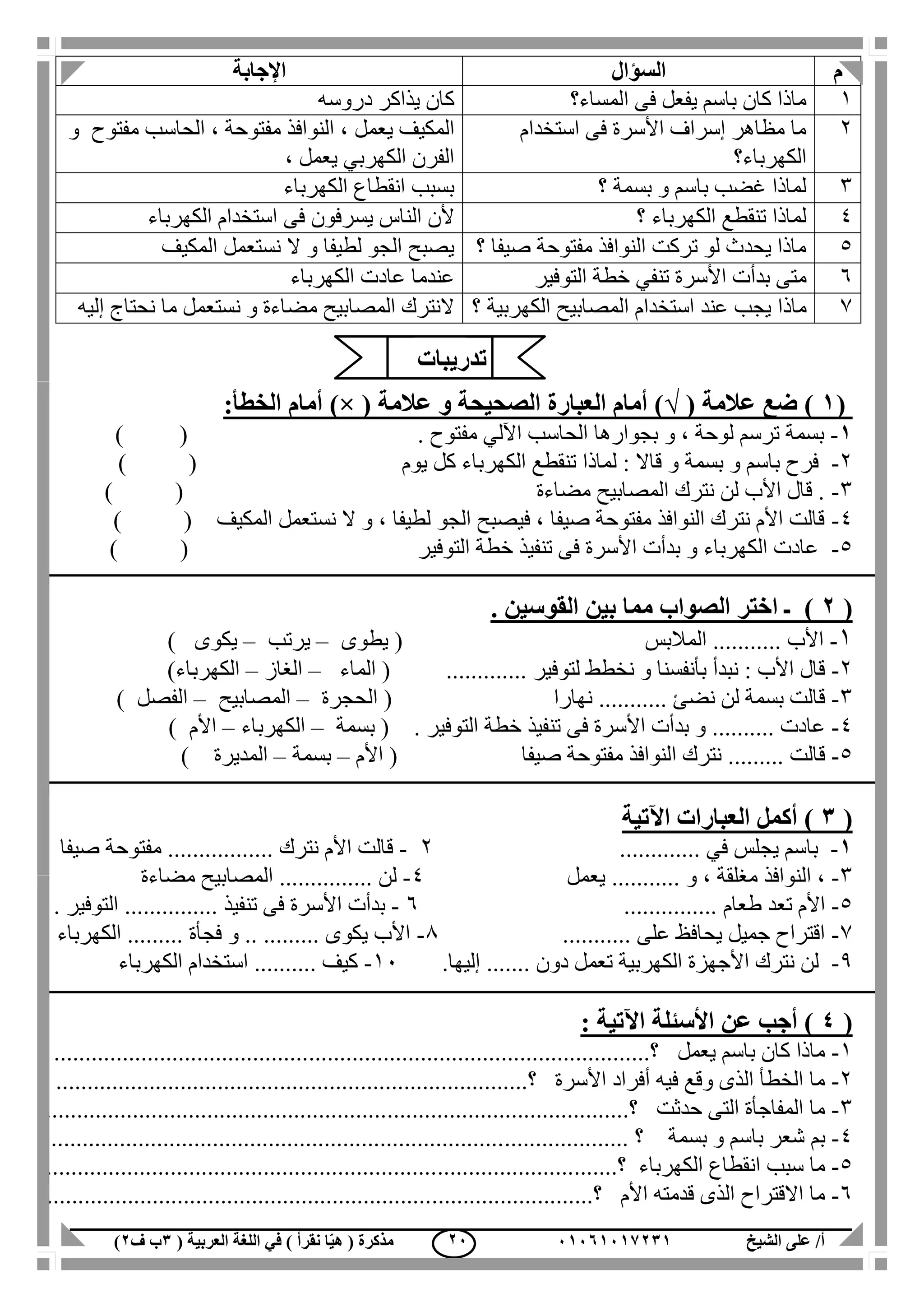 ‫الشيخ‬ ‫على‬ /‫أ‬00070006010( ‫العربية‬ ‫اللغة‬ ‫في‬ ) ‫نقرأ‬ ‫ا‬ّ‫ي‬‫ه‬ ( ‫مذكرة‬1‫ب‬‫ف‬0) 00
‫م‬‫السؤال‬‫اإلجابة‬
1‫المساء؟‬ ‫فى‬ ‫يفعل‬ ‫باسم‬ ‫كان‬ ‫ماذا‬‫دروسه‬ ‫يذاكر‬ ‫كان‬
2‫استخدام‬ ‫فى‬ ‫األسرة‬ ‫إسراف‬ ‫مظاهر‬ ‫ما‬
‫الكهرباء؟‬
‫يعمل‬ ‫المكيف‬‫مفتو‬ ‫الحاسب‬ ، ‫مفتوحة‬ ‫النوافذ‬ ،‫ح‬‫و‬
، ‫يعمل‬ ‫الكهربي‬ ‫الفرن‬
3‫؟‬ ‫بسمة‬ ‫و‬ ‫باسم‬ ‫غضب‬ ‫لماذا‬‫الكهرباء‬ ‫انقطاع‬ ‫بسبب‬
4‫؟‬ ‫الكهرباء‬ ‫تنقطع‬ ‫لماذا‬‫الكهرباء‬ ‫استخدام‬ ‫فى‬ ‫يسرفون‬ ‫الناس‬ ‫ألن‬
5‫؟‬ ‫صيفا‬ ‫مفتوحة‬ ‫النوافذ‬ ‫تركت‬ ‫لو‬ ‫يحدث‬ ‫ماذا‬‫المكيف‬ ‫نستعمل‬ ‫ال‬ ‫و‬ ‫لطيفا‬ ‫الجو‬ ‫يصبح‬
6‫متى‬‫التوفير‬ ‫خطة‬ ‫تنفي‬ ‫األسرة‬ ‫بدأت‬‫الكهرباء‬ ‫عادت‬ ‫عندما‬
7‫ماذ‬‫ا‬‫؟‬ ‫الكهربية‬ ‫المصابيح‬ ‫استخدام‬ ‫عند‬ ‫يجب‬‫إليه‬ ‫نحتاج‬ ‫ما‬ ‫نستعمل‬ ‫و‬ ‫مضاءة‬ ‫المصابيح‬ ‫النترك‬
(0)( ‫عالمة‬ ‫ضع‬√( ‫عالمة‬ ‫و‬ ‫الصحيحة‬ ‫العبارة‬ ‫أمام‬ ))×:‫الخطأ‬ ‫أمام‬
0-‫اآللي‬ ‫الحاسب‬ ‫بجوارها‬ ‫و‬ ، ‫لوحة‬ ‫ترسم‬ ‫بسمة‬. ‫مفتوح‬) (
2-‫يوم‬ ‫كل‬ ‫الكهرباء‬ ‫تنقطع‬ ‫لماذا‬ : ‫قاال‬ ‫و‬ ‫بسمة‬ ‫و‬ ‫باسم‬ ‫فرح‬) (
3-‫مضاءة‬ ‫المصابيح‬ ‫نترك‬ ‫لن‬ ‫األب‬ ‫قال‬ .()
4-‫المكيف‬ ‫نستعمل‬ ‫ال‬ ‫و‬ ، ‫لطيفا‬ ‫الجو‬ ‫فيصبح‬ ، ‫صيفا‬ ‫مفتوحة‬ ‫النوافذ‬ ‫نترك‬ ‫األم‬ ‫قالت‬) (
5-‫التوفير‬ ‫خطة‬ ‫تنفيذ‬ ‫فى‬ ‫األسرة‬ ‫بدأت‬ ‫و‬ ‫الكهرباء‬ ‫عادت‬) (
(0). ‫القوسين‬ ‫بين‬ ‫مما‬ ‫الصواب‬ ‫اختر‬ ‫ـ‬
1-... ‫األب‬‫المالبس‬ ........(‫يطوى‬–‫يرتب‬–‫يكوى‬)
2-‫لتوفير‬ ‫نخطط‬ ‫و‬ ‫بأنفسنا‬ ‫نبدأ‬ : ‫األب‬ ‫قال‬.............(‫الماء‬–‫الغاز‬–‫الكهرباء‬)
3-‫نضئ‬ ‫لن‬ ‫بسمة‬ ‫قالت‬...........‫نهارا‬(‫الحجرة‬–‫المصا‬‫بيح‬–‫الفصل‬)
4-‫عادت‬........... ‫التوفير‬ ‫خطة‬ ‫تنفيذ‬ ‫فى‬ ‫األسرة‬ ‫بدأت‬ ‫و‬(‫بسمة‬–‫الكهرباء‬–‫األم‬)
5-‫قالت‬.........‫صيفا‬ ‫مفتوحة‬ ‫النوافذ‬ ‫نترك‬(‫األم‬–‫بسمة‬–‫المديرة‬)
(1‫اآلتي‬ ‫العبارات‬ ‫أكمل‬ )‫ة‬
0-‫في‬ ‫يجلس‬ ‫باسم‬.............2-‫نترك‬ ‫األم‬ ‫قالت‬.................‫صيفا‬ ‫مفتوحة‬
3-‫و‬ ، ‫مغلقة‬ ‫النوافذ‬ ،...........‫يعمل‬4-‫لن‬...............‫مضاءة‬ ‫المصابيح‬
5-‫طعام‬ ‫تعد‬ ‫األم‬...............6-‫األ‬ ‫بدأت‬‫تنفيذ‬ ‫فى‬ ‫سرة‬................ ‫التوفير‬
7-‫على‬ ‫يحافظ‬ ‫جميل‬ ‫اقتراح‬...........1-‫الكهرباء‬ ......... ‫فجأة‬ ‫و‬ .. ......... ‫يكوى‬ ‫األب‬
1-‫دون‬ ‫تعمل‬ ‫الكهربية‬ ‫األجهزة‬ ‫نترك‬ ‫لن‬.......‫إليها‬.11-‫الكهرباء‬ ‫استخدام‬ .......... ‫كيف‬
(4‫ع‬ ‫أجب‬ ): ‫اآلتية‬ ‫األسئلة‬ ‫ن‬
1-‫يعمل‬ ‫باسم‬ ‫كان‬ ‫ماذا‬.....‫؟‬...........................................................................................
2-‫األسرة‬ ‫أفراد‬ ‫فيه‬ ‫وقع‬ ‫الذى‬ ‫الخطأ‬ ‫ما‬............................‫؟‬................................................
3-‫حدثت‬ ‫التى‬ ‫المفاجأة‬ ‫ما‬............................‫؟‬..................................................................
4-‫بم‬‫بسمة‬ ‫و‬ ‫باسم‬ ‫شعر‬..... ‫؟‬........................................................................................
5-‫سبب‬ ‫ما‬‫الكهرباء‬ ‫انقطاع‬.......‫؟‬.....................................................................................
6-‫األم‬ ‫قدمته‬ ‫الذى‬ ‫االقتراح‬ ‫ما‬...‫؟‬.....................................................................................
‫تدريبات‬
 