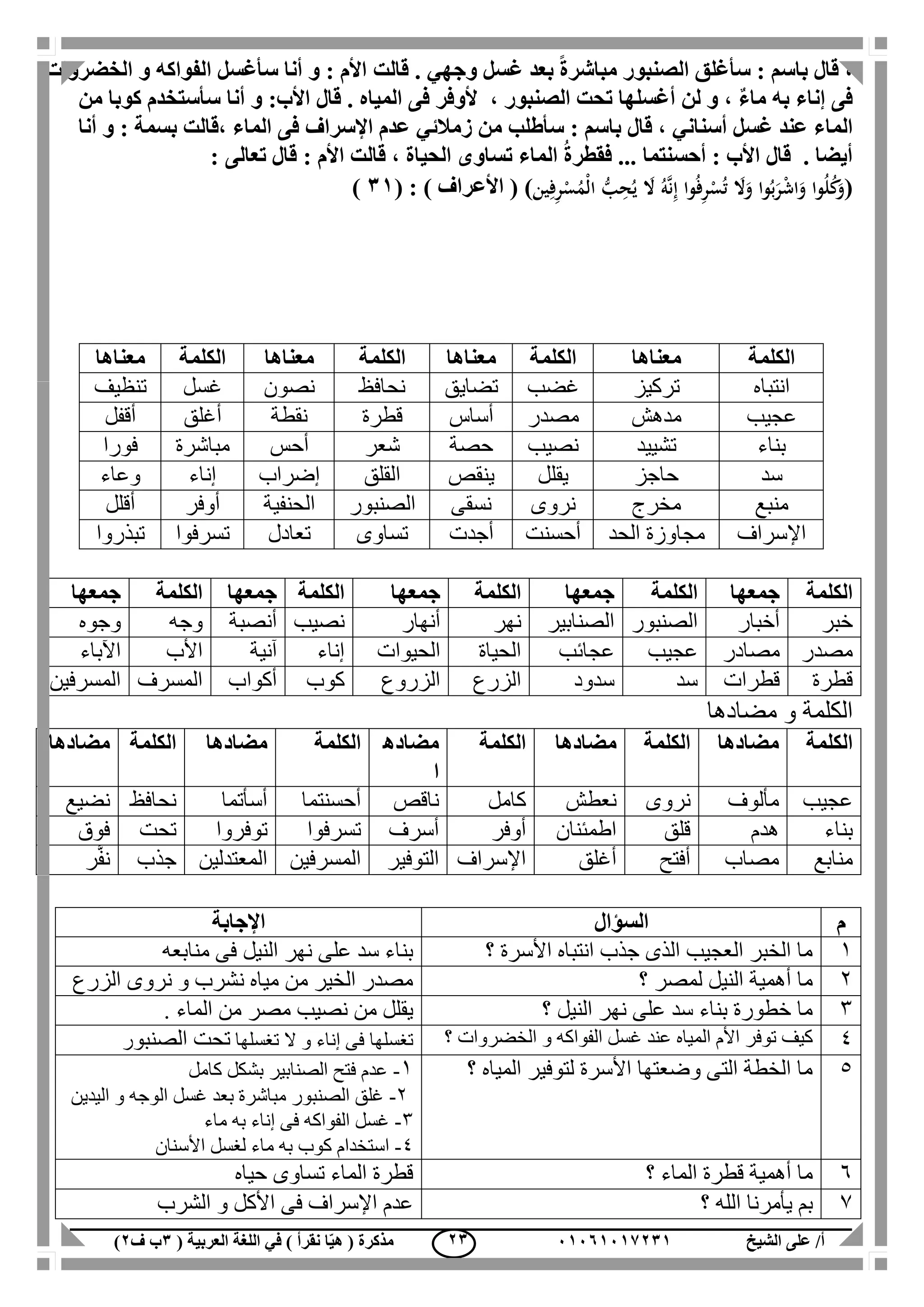 ‫الشيخ‬ ‫على‬ /‫أ‬00070006010( ‫العربية‬ ‫اللغة‬ ‫في‬ ) ‫نقرأ‬ ‫ا‬ّ‫ي‬‫ه‬ ( ‫مذكرة‬1‫ب‬‫ف‬0) 01
‫غسل‬ ‫بعد‬ ً‫ة‬‫مباشر‬ ‫الصنبور‬ ‫سأغلق‬ : ‫باسم‬ ‫قال‬ ،‫وجهي‬‫قالت‬ .‫الخضروات‬ ‫و‬ ‫الفواكه‬ ‫سأغسل‬ ‫أنا‬ ‫و‬ : ‫األم‬
‫إناء‬ ‫فى‬، ‫الصنبور‬ ‫تحت‬ ‫أغسلها‬ ‫لن‬ ‫و‬ ، ٌ‫ء‬‫ما‬ ‫به‬‫من‬ ‫كوبا‬ ‫سأستخدم‬ ‫أنا‬ ‫و‬ :‫األب‬ ‫قال‬ . ‫المياه‬ ‫فى‬ ‫ألوفر‬
‫غسل‬ ‫عند‬ ‫الماء‬‫أسناني‬‫من‬ ‫سأطلب‬ : ‫باسم‬ ‫قال‬ ،‫زمالئي‬‫أنا‬ ‫و‬ : ‫بسمة‬ ‫،قالت‬ ‫الماء‬ ‫فى‬ ‫اإلسراف‬ ‫عدم‬
‫فق‬ ... ‫أحسنتما‬ : ‫األب‬ ‫قال‬ . ‫أيضا‬‫تعالى‬ ‫قال‬ : ‫األم‬ ‫قالت‬ ، ‫الحياة‬ ‫تساوى‬ ‫الماء‬ ُ‫ة‬‫طر‬:
(‫ين‬ِ‫ف‬ِ‫ر‬ْ‫س‬ُ‫ْم‬‫ل‬‫ا‬ ُّ‫ب‬ِ‫ح‬ُ‫ي‬ َ‫َل‬ ُ‫ه‬َّ‫ن‬ِ‫إ‬ ‫وا‬ُ‫ف‬ِ‫ر‬ْ‫س‬ُ‫ت‬ َ‫َل‬َ‫و‬ ‫وا‬ُ‫ب‬َ‫ر‬ْ‫ش‬‫ا‬َ‫و‬ ‫وا‬ُ‫ل‬ُ‫ك‬َ‫و‬)( : ) ‫األعراف‬ (10)
‫الكلمة‬‫جمعها‬‫الكلمة‬‫جمعها‬‫ال‬‫كلمة‬‫جمعها‬‫الكلمة‬‫جمعها‬‫الكلمة‬‫جمعها‬
‫خبر‬‫أخبار‬‫الصنبور‬‫الصنابير‬‫نهر‬‫أنهار‬‫نصيب‬‫أنصبة‬‫وجه‬‫وجوه‬
‫مصدر‬‫مصادر‬‫عجيب‬‫عجائب‬‫الحياة‬‫الحيوات‬‫إناء‬‫آنية‬‫األب‬‫اآلباء‬
‫قطرة‬‫قطرات‬‫سد‬‫سدود‬‫الزرع‬‫الزروع‬‫كوب‬‫أكواب‬‫المسرف‬‫المسرفين‬
‫و‬ ‫الكلمة‬‫مضادها‬
‫الكلمة‬‫مضادها‬‫الكلمة‬‫مضاد‬‫ها‬‫الكلمة‬‫مضاده‬
‫ا‬
‫الكلمة‬‫مضادها‬‫الكلمة‬‫مضادها‬
‫عجيب‬‫مألوف‬‫نروى‬‫نعطش‬‫كامل‬‫ناقص‬‫أحسنتما‬‫أسأتما‬‫نحافظ‬‫نضيع‬
‫بناء‬‫هدم‬‫قلق‬‫اطمئنان‬‫أوفر‬‫أسرف‬‫تسرفوا‬‫توفروا‬‫تحت‬‫فوق‬
‫منابع‬‫مصاب‬‫أفتح‬‫أغلق‬‫اإلسراف‬‫التوفير‬‫المسرفين‬‫المعتدلين‬‫جذب‬‫ر‬َّ‫ف‬‫ن‬
‫م‬‫السؤال‬‫اإلجابة‬
1‫؟‬ ‫األسرة‬ ‫انتباه‬ ‫جذب‬ ‫الذى‬ ‫العجيب‬ ‫الخبر‬ ‫ما‬‫منابعه‬ ‫فى‬ ‫النيل‬ ‫نهر‬ ‫على‬ ‫سد‬ ‫بناء‬
2‫؟‬ ‫لمصر‬ ‫النيل‬ ‫أهمية‬ ‫ما‬‫الزرع‬ ‫نروى‬ ‫و‬ ‫نشرب‬ ‫مياه‬ ‫من‬ ‫الخير‬ ‫مصدر‬
3‫؟‬ ‫النيل‬ ‫نهر‬ ‫على‬ ‫سد‬ ‫بناء‬ ‫خطورة‬ ‫ما‬. ‫الماء‬ ‫من‬ ‫مصر‬ ‫نصيب‬ ‫من‬ ‫يقلل‬
4‫المياه‬ ‫األم‬ ‫توفر‬ ‫كيف‬‫غسل‬ ‫عند‬‫الخضروات‬ ‫و‬ ‫الفواكه‬‫؟‬‫تغسل‬‫ها‬‫تغسلها‬ ‫ال‬ ‫و‬ ‫إناء‬ ‫فى‬‫الصنبو‬ ‫تحت‬‫ر‬
5‫؟‬ ‫المياه‬ ‫لتوفير‬ ‫األسرة‬ ‫وضعتها‬ ‫التى‬ ‫الخطة‬ ‫ما‬1-‫كامل‬ ‫بشكل‬ ‫الصنابير‬ ‫فتح‬ ‫عدم‬
2-‫اليدين‬ ‫و‬ ‫الوجه‬ ‫غسل‬ ‫بعد‬ ‫مباشرة‬ ‫الصنبور‬ ‫غلق‬
3-‫ماء‬ ‫به‬ ‫إناء‬ ‫فى‬ ‫الفواكه‬ ‫غسل‬
4-‫األ‬ ‫لغسل‬ ‫ماء‬ ‫به‬ ‫كوب‬ ‫استخدام‬‫سنان‬
6‫؟‬ ‫الماء‬ ‫قطرة‬ ‫أهمية‬ ‫ما‬‫حياه‬ ‫تساوى‬ ‫الماء‬ ‫قطرة‬
7‫؟‬ ‫الله‬ ‫يأمرنا‬ ‫بم‬‫الشرب‬ ‫و‬ ‫األكل‬ ‫فى‬ ‫اإلسراف‬ ‫عدم‬
‫الكلمة‬‫معناها‬‫الكلمة‬‫معناها‬‫الكلمة‬‫معناها‬‫الكلمة‬‫معناها‬
‫انتباه‬‫تركيز‬‫غضب‬‫تضايق‬‫نحافظ‬‫نصون‬‫غسل‬‫تنظيف‬
‫عجيب‬‫م‬‫دهش‬‫مصدر‬‫أساس‬‫قطرة‬‫نقط‬‫ة‬‫أغلق‬‫أقفل‬
‫بناء‬‫تشييد‬‫نصيب‬‫حصة‬‫شعر‬‫أحس‬‫مباشرة‬‫فورا‬
‫سد‬‫حاجز‬‫يقلل‬‫ينقص‬‫القلق‬‫إضراب‬‫إناء‬‫وعاء‬
‫منبع‬‫مخرج‬‫نروى‬‫نسقى‬‫الصنبور‬‫الحنفية‬‫أوفر‬‫أقلل‬
‫اإلسراف‬‫الحد‬ ‫مجاوزة‬‫أحسنت‬‫أجدت‬‫تساوى‬‫تعادل‬‫تسرفوا‬‫تبذروا‬
 