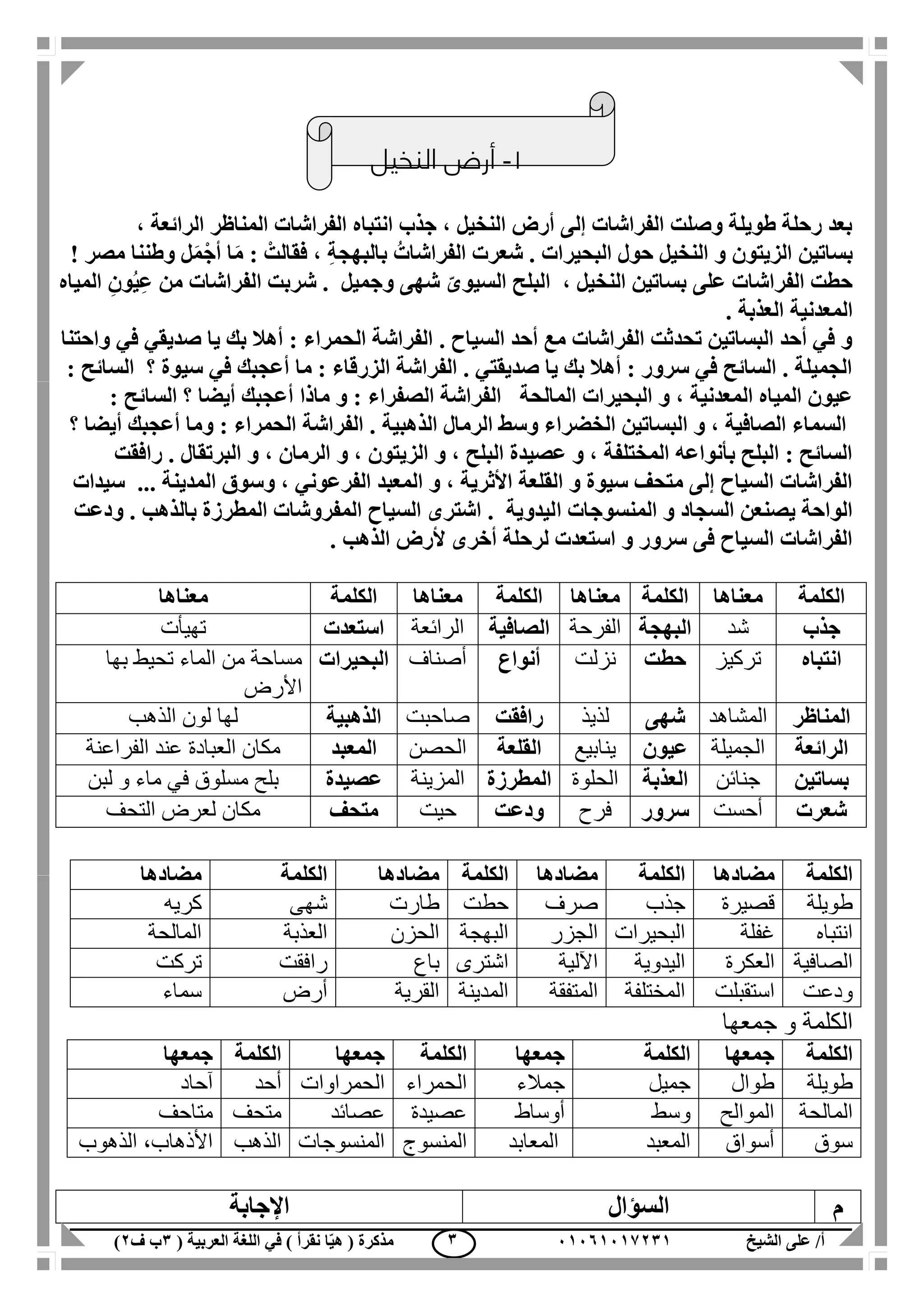 ‫الشيخ‬ ‫على‬ /‫أ‬00070006010( ‫العربية‬ ‫اللغة‬ ‫في‬ ) ‫نقرأ‬ ‫ا‬ّ‫ي‬‫ه‬ ( ‫مذكرة‬1‫ب‬‫ف‬0) 1
1-‫النخيل‬ ‫أرض‬
، ‫الرائعة‬ ‫المناظر‬ ‫الفراشات‬ ‫انتباه‬ ‫جذب‬ ، ‫النخيل‬ ‫أرض‬ ‫إلى‬ ‫الفراشات‬ ‫وصلت‬ ‫طويلة‬ ‫رحلة‬ ‫بعد‬
‫الزيتو‬ ‫بساتين‬‫ن‬‫البح‬ ‫حول‬ ‫النخيل‬ ‫و‬! ‫مصر‬ ‫وطننا‬ ‫ل‬َ‫م‬ْ‫أج‬ ‫ا‬َ‫م‬ : ْ‫فقالت‬ ، ِ‫ة‬‫بالبهج‬ ُ‫الفراشات‬ ‫شعرت‬ . ‫يرات‬
‫المياه‬ ِ‫ون‬ُ‫ي‬ِ‫ع‬ ‫من‬ ‫الفراشات‬ ‫شربت‬ . ‫وجميل‬ ‫شهى‬ ّ‫السيوى‬ ‫البلح‬ ، ‫النخيل‬ ‫بساتين‬ ‫على‬ ‫الفراشات‬ ‫حطت‬
. ‫العذبة‬ ‫المعدنية‬
‫ص‬ ‫يا‬ ‫بك‬ ‫أهال‬ : ‫الحمراء‬ ‫الفراشة‬ . ‫السياح‬ ‫أحد‬ ‫مع‬ ‫الفراشات‬ ‫تحدثت‬ ‫البساتين‬ ‫أحد‬ ‫في‬ ‫و‬‫واحتنا‬ ‫في‬ ‫ديقي‬
: ‫السائح‬ ‫؟‬ ‫سيوة‬ ‫في‬ ‫أعجبك‬ ‫ما‬ : ‫الزرقاء‬ ‫الفراشة‬ . ‫صديقتي‬ ‫يا‬ ‫بك‬ ‫أهال‬ : ‫سرور‬ ‫في‬ ‫السائح‬ . ‫الجميلة‬
‫الصفرا‬ ‫الفراشة‬ ‫المالحة‬ ‫البحيرات‬ ‫و‬ ، ‫المعدنية‬ ‫المياه‬ ‫عيون‬‫ء‬: ‫السائح‬ ‫؟‬ ‫أيضا‬ ‫أعجبك‬ ‫ماذا‬ ‫و‬ :
‫الذهبية‬ ‫الرمال‬ ‫وسط‬ ‫الخضراء‬ ‫البساتين‬ ‫و‬ ، ‫الصافية‬ ‫السماء‬: ‫الحمراء‬ ‫الفراشة‬ .‫وما‬‫؟‬ ‫أيضا‬ ‫أعجبك‬
‫رافقت‬ . ‫البرتقال‬ ‫و‬ ، ‫الرمان‬ ‫و‬ ، ‫الزيتون‬ ‫و‬ ، ‫البلح‬ ‫عصيدة‬ ‫و‬ ، ‫المختلفة‬ ‫بأنواعه‬ ‫البلح‬ : ‫السائح‬
‫سيدات‬ ... ‫المدينة‬ ‫وسوق‬ ، ‫الفرعوني‬ ‫المعبد‬ ‫و‬ ، ‫األثرية‬ ‫القلعة‬ ‫و‬ ‫سيوة‬ ‫متحف‬ ‫إلى‬ ‫السياح‬ ‫الفراشات‬
‫ا‬ ‫المنسوجات‬ ‫و‬ ‫السجاد‬ ‫يصنعن‬ ‫الواحة‬‫ودعت‬ . ‫بالذهب‬ ‫المطرزة‬ ‫المفروشات‬ ‫السياح‬ ‫اشترى‬ . ‫ليدوية‬
. ‫الذهب‬ ‫ألرض‬ ‫أخرى‬ ‫لرحلة‬ ‫استعدت‬ ‫و‬ ‫سرور‬ ‫فى‬ ‫السياح‬ ‫الفراشات‬
‫الكلمة‬‫معناها‬‫الكلمة‬‫معناها‬‫الكلمة‬‫معناها‬‫الكلمة‬‫معناها‬
‫جذب‬‫شد‬‫البهجة‬‫الفرحة‬‫الصافية‬‫الرائعة‬‫استعدت‬‫تهيأت‬
‫انتباه‬‫تركيز‬‫حطت‬‫نزلت‬‫أنواع‬‫أصن‬‫اف‬‫البحيرات‬‫بها‬ ‫تحيط‬ ‫الماء‬ ‫من‬ ‫مساحة‬
‫األرض‬
‫المناظر‬‫المشاهد‬‫شهى‬‫لذيذ‬‫رافقت‬‫صاحبت‬‫الذهبية‬‫الذهب‬ ‫لون‬ ‫لها‬
‫الرائعة‬‫الجميلة‬‫عيون‬‫ينابيع‬‫القلعة‬‫الحصن‬‫المعبد‬‫الفراعنة‬ ‫عند‬ ‫العبادة‬ ‫مكان‬
‫بساتين‬‫جنائن‬‫العذبة‬‫الحلوة‬‫المطرزة‬‫المزينة‬‫عصيدة‬‫مسلوق‬ ‫بلح‬‫في‬‫لبن‬ ‫و‬ ‫ماء‬
‫ش‬‫عرت‬‫أحست‬‫سرور‬‫فرح‬‫ودعت‬‫حيت‬‫متحف‬‫التحف‬ ‫لعرض‬ ‫مكان‬
‫الكلمة‬‫مضادها‬‫الكلمة‬‫مضادها‬‫الكلمة‬‫مضادها‬‫الكلمة‬‫مضادها‬
‫طويلة‬‫قصيرة‬‫جذب‬‫صرف‬‫حطت‬‫طارت‬‫شهى‬‫كريه‬
‫انتباه‬‫غفلة‬‫البحيرات‬‫الجزر‬‫البهجة‬‫الحزن‬‫العذبة‬‫المالحة‬
‫الصافية‬‫العكرة‬‫اليدوية‬‫اآللية‬‫اشترى‬‫باع‬‫رافقت‬‫تركت‬
‫ودعت‬‫استقبلت‬‫المختلفة‬‫المتفقة‬‫المدينة‬‫القرية‬‫أرض‬‫سماء‬
‫جمعها‬ ‫و‬ ‫الكلمة‬
‫الكلمة‬‫جمعها‬‫الكلمة‬‫جمعها‬‫الكلمة‬‫جمعها‬‫الكلمة‬‫جمعها‬
‫طويلة‬‫طوال‬‫جميل‬‫جمالء‬‫الحمراء‬‫الحمراوات‬‫أحد‬‫آحاد‬
‫المالحة‬‫الموالح‬‫وسط‬‫أوساط‬‫عصيدة‬‫عصائد‬‫متحف‬‫متاحف‬
‫سوق‬‫أسواق‬‫المعبد‬‫المعابد‬‫المنس‬‫وج‬‫المنسوجات‬‫الذهب‬‫الذهوب‬ ،‫األذهاب‬
‫م‬‫السؤال‬‫اإلجابة‬
 