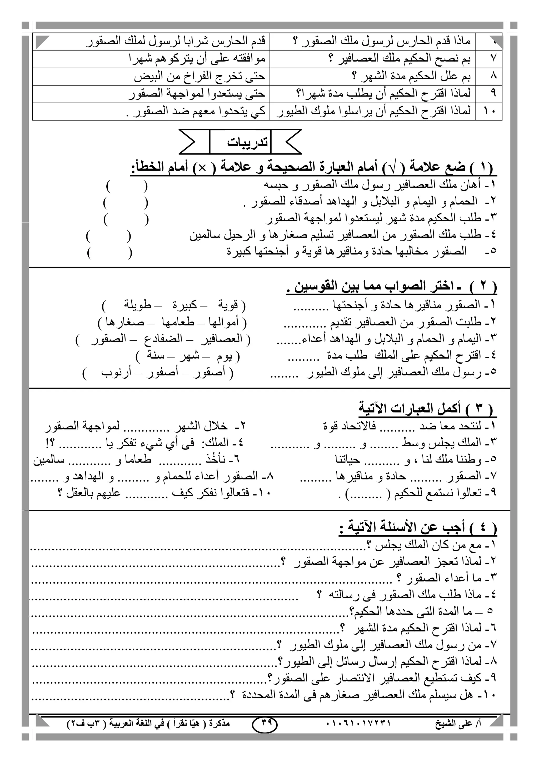 ‫الشيخ‬ ‫على‬ /‫أ‬00070006010( ‫العربية‬ ‫اللغة‬ ‫في‬ ) ‫نقرأ‬ ‫ا‬ّ‫ي‬‫ه‬ ( ‫مذكرة‬1‫ب‬‫ف‬0) 19
6‫؟‬ ‫الصقور‬ ‫ملك‬ ‫لرسول‬ ‫الحارس‬ ‫قدم‬ ‫ماذا‬‫شرابا‬ ‫الحارس‬ ‫قدم‬‫الصقور‬ ‫لملك‬ ‫لرسول‬
7‫؟‬ ‫العصافير‬ ‫ملك‬ ‫الحكيم‬ ‫نصح‬ ‫بم‬‫شهرا‬ ‫يتركوهم‬ ‫أن‬ ‫على‬ ‫موافقته‬
1‫؟‬ ‫الشهر‬ ‫مدة‬ ‫الحكيم‬ ‫علل‬ ‫بم‬‫البيض‬ ‫من‬ ‫الفراخ‬ ‫تخرج‬ ‫حتى‬
1‫شهرا؟‬ ‫مدة‬ ‫يطلب‬ ‫أن‬ ‫الحكيم‬ ‫اقترح‬ ‫لماذا‬‫الصقور‬ ‫لمواجهة‬ ‫يستعدوا‬ ‫حتى‬
11‫الطيور‬ ‫ملوك‬ ‫يراسلوا‬ ‫أن‬ ‫الحكيم‬ ‫اقترح‬ ‫لماذا‬‫يتحدوا‬ ‫كي‬. ‫الصقور‬ ‫ضد‬ ‫معهم‬
(0)( ‫عالمة‬ ‫ضع‬√( ‫عالمة‬ ‫و‬ ‫الصحيحة‬ ‫العبارة‬ ‫أمام‬ ))×:‫الخطأ‬ ‫أمام‬
0-‫حبسه‬ ‫و‬ ‫الصقور‬ ‫ملك‬ ‫رسول‬ ‫العصافير‬ ‫ملك‬ ‫أهان‬()
2-‫للصقور‬ ‫أصدقاء‬ ‫الهداهد‬ ‫و‬ ‫البالبل‬ ‫و‬ ‫اليمام‬ ‫و‬ ‫الحمام‬.()
3-‫الصقور‬ ‫لمواجهة‬ ‫ليستعدوا‬ ‫شهر‬ ‫مدة‬ ‫الحكيم‬ ‫طلب‬()
4-‫سالمين‬ ‫الرحيل‬ ‫و‬ ‫صغارها‬ ‫تسليم‬ ‫العصافير‬ ‫من‬ ‫الصقور‬ ‫ملك‬ ‫طلب‬()
5-‫و‬ ‫حادة‬ ‫مخالبها‬ ‫الصقور‬‫كبيرة‬ ‫أجنحتها‬ ‫و‬ ‫قوية‬ ‫مناقيرها‬()
(0). ‫القوسين‬ ‫بين‬ ‫مما‬ ‫الصواب‬ ‫اختر‬ ‫ـ‬
1-‫أجنحتها‬ ‫و‬ ‫حادة‬ ‫مناقيرها‬ ‫الصقور‬..........(‫قوية‬–‫كبيرة‬–‫طويلة‬)
2-............ ‫تقديم‬ ‫العصافير‬ ‫من‬ ‫الصقور‬ ‫طلبت‬(‫أموالها‬–‫طعامها‬–‫صغارها‬)
3-‫اليم‬‫و‬ ‫الحمام‬ ‫و‬ ‫ام‬‫البالبل‬.......‫أعداء‬ ‫الهداهد‬ ‫و‬(‫العصافير‬–‫الضفادع‬–‫الصقور‬)
4-‫مدة‬ ‫طلب‬ ‫الملك‬ ‫على‬ ‫الحكيم‬ ‫اقترح‬.........(‫يوم‬–‫شهر‬–‫سنة‬)
5-‫الطيور‬ ‫ملوك‬ ‫إلى‬ ‫العصافير‬ ‫ملك‬ ‫رسول‬........(‫أصقور‬–‫أصفور‬–‫أرنوب‬)
(1‫اآلتي‬ ‫العبارات‬ ‫أكمل‬ )‫ة‬
0-‫ضد‬ ‫معا‬ ‫لنتحد‬..........‫قوة‬ ‫فاالتحاد‬2-‫الشهر‬ ‫خالل‬.............‫الصقور‬ ‫لمواجهة‬
3-‫وسط‬ ‫يجلس‬ ‫الملك‬........‫و‬.........‫و‬...........4-‫يا‬ ‫تفكر‬ ‫شيء‬ ‫أي‬ ‫فى‬ :‫الملك‬............!‫؟‬
5-، ‫لنا‬ ‫ملك‬ ‫وطننا‬‫و‬..........‫حياتنا‬6-‫ذ‬ُ‫خ‬‫نأ‬............‫و‬ ‫طعاما‬............‫سالمين‬
7-‫الصقور‬.........‫مناقيرها‬ ‫و‬ ‫حادة‬.........1-‫و‬ ‫للحمام‬ ‫أعداء‬ ‫الصقور‬.........‫و‬ ‫الهداهد‬ ‫و‬.........
1-( ‫للحكيم‬ ‫نستمع‬ ‫تعالوا‬.......... )11-‫كيف‬ ‫نفكر‬ ‫فتعالوا‬............‫؟‬ ‫بالعقل‬ ‫عليهم‬
(4: ‫اآلتية‬ ‫األسئلة‬ ‫عن‬ ‫أجب‬ )
1-‫يجلس‬ ‫الملك‬ ‫كان‬ ‫من‬ ‫مع‬....‫؟‬.........................................................................................
2-‫الصقور‬ ‫مواجهة‬ ‫عن‬ ‫العصافير‬ ‫تعجز‬ ‫لماذا‬.........‫؟‬............................................................
3-‫الصقور‬ ‫أعداء‬ ‫ما‬‫؟‬....................................................................................................
4-‫رسالته‬ ‫فى‬ ‫الصقور‬ ‫ملك‬ ‫طلب‬ ‫ماذا‬......................... ‫؟‬..................................................
5–‫الحكيم‬ ‫حددها‬ ‫التى‬ ‫المدة‬ ‫ما‬...‫؟‬......................................................................................
6-‫الشهر‬ ‫مدة‬ ‫الحكيم‬ ‫اقترح‬ ‫لماذا‬....‫؟‬.................................................................................
7-‫الطيور‬ ‫ملوك‬ ‫إلى‬ ‫العصافير‬ ‫ملك‬ ‫رسول‬ ‫من‬..........‫؟‬..........................................................
1-‫لماذ‬‫ا‬‫الطيور‬ ‫إلى‬ ‫رسائل‬ ‫إرسال‬ ‫الحكيم‬ ‫اقترح‬......‫؟‬..............................................................
1-‫الصقور‬ ‫على‬ ‫االنتصار‬ ‫العصافير‬ ‫تستطيع‬ ‫كيف‬..‫؟‬...............................................................
11-‫المحددة‬ ‫المدة‬ ‫فى‬ ‫صغارهم‬ ‫العصافير‬ ‫ملك‬ ‫سيسلم‬ ‫هل‬.......‫؟‬................................................
‫تدريبات‬
 