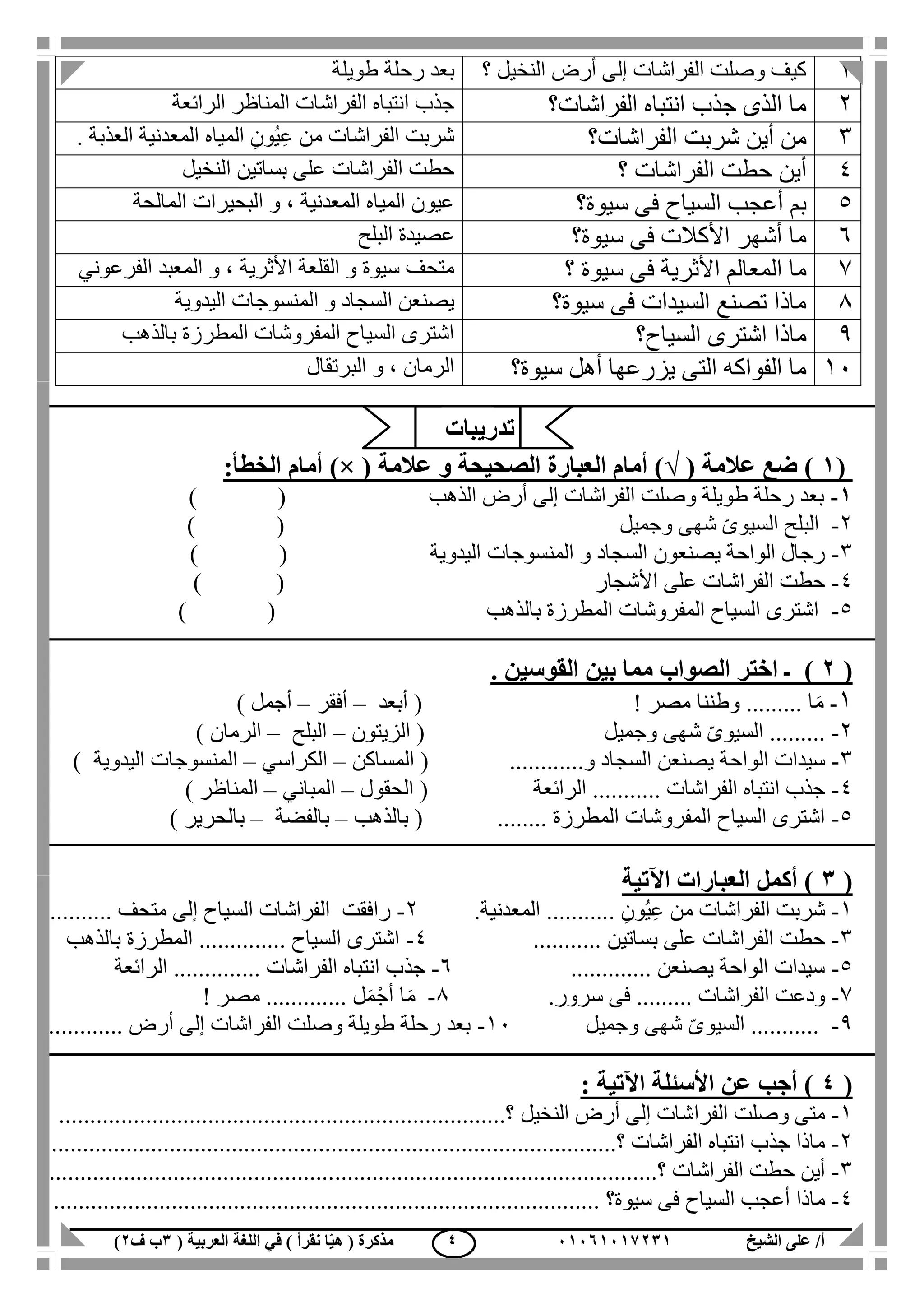 ‫الشيخ‬ ‫على‬ /‫أ‬00070006010( ‫العربية‬ ‫اللغة‬ ‫في‬ ) ‫نقرأ‬ ‫ا‬ّ‫ي‬‫ه‬ ( ‫مذكرة‬1‫ب‬‫ف‬0) 4
1‫؟‬ ‫النخيل‬ ‫أرض‬ ‫إلى‬ ‫الفراشات‬ ‫وصلت‬ ‫كيف‬‫طويلة‬ ‫رحلة‬ ‫بعد‬
2‫الفراشات؟‬ ‫انتباه‬ ‫جذب‬ ‫الذى‬ ‫ما‬‫الرائعة‬ ‫المناظر‬ ‫الفراشات‬ ‫انتباه‬ ‫جذب‬
3‫الفراشات؟‬ ‫شربت‬ ‫أين‬ ‫من‬‫الفراشات‬ ‫شربت‬. ‫العذبة‬ ‫المعدنية‬ ‫المياه‬ ِ‫ُون‬‫ي‬ِ‫ع‬ ‫من‬
4‫؟‬ ‫الفراشات‬ ‫حطت‬ ‫أين‬‫النخيل‬ ‫بساتين‬ ‫على‬ ‫الفراشات‬ ‫حطت‬
5‫بم‬‫السيا‬ ‫أعجب‬‫ح‬‫سيوة؟‬ ‫فى‬‫المالحة‬ ‫البحيرات‬ ‫و‬ ، ‫المعدنية‬ ‫المياه‬ ‫عيون‬
6‫سيوة؟‬ ‫فى‬ ‫األكالت‬ ‫أشهر‬ ‫ما‬‫البلح‬ ‫عصيدة‬
7‫؟‬ ‫سيوة‬ ‫فى‬ ‫األثرية‬ ‫المعالم‬ ‫ما‬‫األث‬ ‫القلعة‬ ‫و‬ ‫سيوة‬ ‫متحف‬‫الفرعوني‬ ‫المعبد‬ ‫و‬ ، ‫رية‬
1‫سيوة؟‬ ‫فى‬ ‫السيدات‬ ‫تصنع‬ ‫ماذا‬‫اليدوية‬ ‫المنسوجات‬ ‫و‬ ‫السجاد‬ ‫يصنعن‬
1‫السياح؟‬ ‫اشترى‬ ‫ماذا‬‫بالذهب‬ ‫المطرزة‬ ‫المفروشات‬ ‫السياح‬ ‫اشترى‬
11‫سيوة؟‬ ‫أهل‬ ‫يزرعها‬ ‫التى‬ ‫الفواكه‬ ‫ما‬‫البرتقال‬ ‫و‬ ، ‫الرمان‬
(0)( ‫عالمة‬ ‫ضع‬√‫عال‬ ‫و‬ ‫الصحيحة‬ ‫العبارة‬ ‫أمام‬ )( ‫مة‬)×:‫الخطأ‬ ‫أمام‬
0-‫الذهب‬ ‫أرض‬ ‫إلى‬ ‫الفراشات‬ ‫وصلت‬ ‫طويلة‬ ‫رحلة‬ ‫بعد‬) (
2-‫وجميل‬ ‫شهى‬ ّ‫ى‬‫السيو‬ ‫البلح‬()
3-‫اليدوية‬ ‫المنسوجات‬ ‫و‬ ‫السجاد‬ ‫يصنعون‬ ‫الواحة‬ ‫رجال‬()
4-‫األشجار‬ ‫على‬ ‫الفراشات‬ ‫حطت‬()
5-‫بالذهب‬ ‫المطرزة‬ ‫المفروشات‬ ‫السياح‬ ‫اشترى‬()
(0)‫القوسين‬ ‫بين‬ ‫مما‬ ‫الصواب‬ ‫اختر‬ ‫ـ‬.
1-! ‫مصر‬ ‫وطننا‬ ......... ‫ا‬َ‫م‬(‫أبعد‬–‫أفقر‬–‫أجمل‬)
2-‫وجميل‬ ‫شهى‬ ّ‫ى‬‫السيو‬ .........(‫الزيتون‬–‫البلح‬–‫الرمان‬)
3-..‫و‬ ‫السجاد‬ ‫يصنعن‬ ‫الواحة‬ ‫سيدات‬..........(‫المساكن‬–‫الكراسي‬–‫ا‬‫اليدوية‬ ‫لمنسوجات‬)
4-‫الرائعة‬ ........... ‫الفراشات‬ ‫انتباه‬ ‫جذب‬(‫الحقول‬–‫المباني‬–‫المناظر‬)
5-‫المطرزة‬ ‫المفروشات‬ ‫السياح‬ ‫اشترى‬........(‫بالذهب‬–‫بالفضة‬–‫بالحرير‬)
(1‫اآلتي‬ ‫العبارات‬ ‫أكمل‬ )‫ة‬
1-. ِ‫ُون‬‫ي‬ِ‫ع‬ ‫من‬ ‫الفراشات‬ ‫شربت‬.‫المعدنية‬ ..........2-.......... ‫متحف‬ ‫إلى‬ ‫السياح‬ ‫الفراشات‬ ‫رافقت‬
3-........... ‫بساتين‬ ‫على‬ ‫الفراشات‬ ‫حطت‬4-‫بالذهب‬ ‫المطرزة‬ .............. ‫السياح‬ ‫اشترى‬
5-............. ‫يصنعن‬ ‫الواحة‬ ‫سيدات‬6-... ‫الفراشات‬ ‫انتباه‬ ‫جذب‬‫الرائعة‬ ...........
7-‫سرور‬ ‫فى‬ ......... ‫الفراشات‬ ‫ودعت‬.1-! ‫مصر‬ ............. ‫ل‬َ‫م‬ْ‫أج‬ ‫ا‬َ‫م‬
1-‫وجميل‬ ‫شهى‬ ّ‫ى‬‫السيو‬ ...........11-........... ‫أرض‬ ‫إلى‬ ‫الفراشات‬ ‫وصلت‬ ‫طويلة‬ ‫رحلة‬ ‫بعد‬.
(4: ‫اآلتية‬ ‫األسئلة‬ ‫عن‬ ‫أجب‬ )
1-‫الفرا‬ ‫وصلت‬ ‫متى‬‫النخيل‬ ‫أرض‬ ‫إلى‬ ‫شات‬..................‫؟‬......................................................
2-‫الفراشات‬ ‫انتباه‬ ‫جذب‬ ‫ماذا‬....................‫؟‬.......................................................................
3-‫الفراشات‬ ‫حطت‬ ‫أين‬.....................‫؟‬..............................................................................
4-‫سيوة‬ ‫فى‬ ‫السياح‬ ‫أعجب‬ ‫ماذا‬.................... ‫؟‬....................................................................
‫تدريبات‬
 