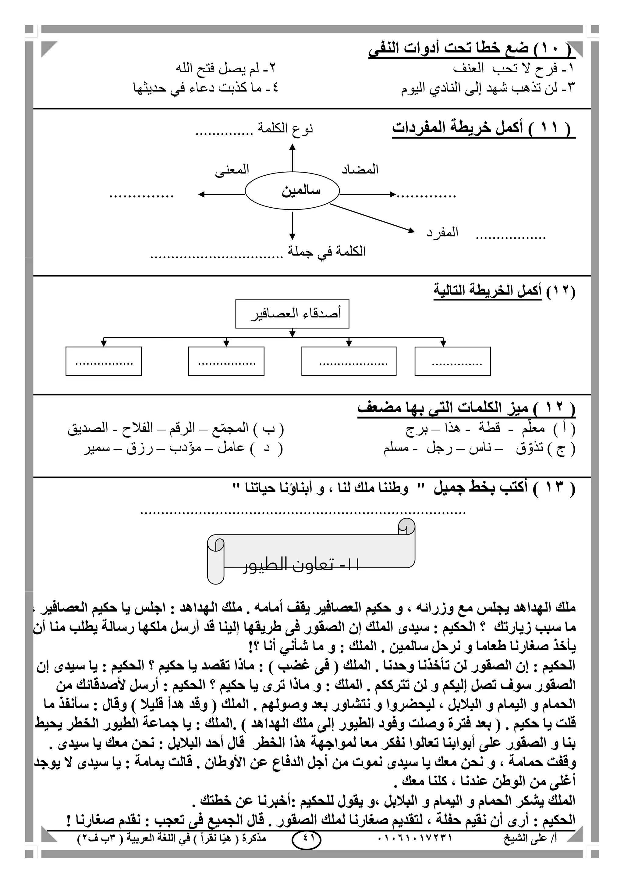 ‫الشيخ‬ ‫على‬ /‫أ‬00070006010( ‫العربية‬ ‫اللغة‬ ‫في‬ ) ‫نقرأ‬ ‫ا‬ّ‫ي‬‫ه‬ ( ‫مذكرة‬1‫ب‬‫ف‬0) 40
(00‫النفي‬ ‫أدوات‬ ‫تحت‬ ‫خطا‬ ‫ضع‬ )
1-‫فرح‬‫العنف‬ ‫تحب‬ ‫ال‬2-‫يصل‬ ‫لم‬‫الله‬ ‫فتح‬
3-‫اليوم‬ ‫النادي‬ ‫إلى‬ ‫شهد‬ ‫تذهب‬ ‫لن‬4-‫حديثها‬ ‫في‬ ‫دعاء‬ ‫كذبت‬ ‫ما‬
(00‫المفردات‬ ‫خريطة‬ ‫أكمل‬ )‫الكلمة‬ ‫نوع‬..............
‫المضاد‬‫المعنى‬
.............. .............
.................‫المفرد‬
................................ ‫جملة‬ ‫في‬ ‫الكلمة‬
(00)‫التالية‬ ‫الخريطة‬ ‫أكمل‬
(00‫ميز‬ )‫بها‬ ‫التي‬ ‫الكلمات‬‫مضعف‬
) ‫أ‬ (‫م‬ّ‫معل‬-‫قطة‬-‫هذا‬–‫برج‬) ‫ب‬ (‫ع‬ّ‫م‬‫المج‬–‫الرقم‬–‫الفالح‬-‫الص‬‫ديق‬
) ‫ج‬ (‫ق‬ ّ‫تذو‬–‫ناس‬–‫رجل‬-‫مسلم‬) ‫د‬ (‫عامل‬–‫دب‬ّ‫مؤ‬–‫رزق‬–‫سمير‬
(01‫جميل‬ ‫بخط‬ ‫أكتب‬ )"‫حياتنا‬ ‫أبناؤنا‬ ‫و‬ ، ‫لنا‬ ‫ملك‬ ‫وطننا‬"
..............................................................................
11-‫الطيور‬ ‫تعاون‬
، ‫العصافير‬ ‫حكيم‬ ‫يا‬ ‫اجلس‬ : ‫الهداهد‬ ‫ملك‬ . ‫أمامه‬ ‫يقف‬ ‫العصافير‬ ‫حكيم‬ ‫و‬ ، ‫وزرائه‬ ‫مع‬ ‫يجلس‬ ‫الهداهد‬ ‫ملك‬
‫طريقها‬ ‫فى‬ ‫الصقور‬ ‫إن‬ ‫الملك‬ ‫سيدى‬ : ‫الحكيم‬ ‫؟‬ ‫زيارتك‬ ‫سبب‬ ‫ما‬‫إلينا‬‫أن‬ ‫منا‬ ‫يطلب‬ ‫رسالة‬ ‫ملكها‬ ‫أرسل‬ ‫قد‬
. ‫سالمين‬ ‫نرحل‬ ‫و‬ ‫طعاما‬ ‫صغارنا‬ ‫يأخذ‬‫ما‬ ‫و‬ : ‫الملك‬‫شأني‬!‫؟‬ ‫أنا‬
‫إن‬ ‫سيدى‬ ‫يا‬ : ‫الحكيم‬ ‫؟‬ ‫حكيم‬ ‫يا‬ ‫تقصد‬ ‫ماذا‬ : ) ‫غضب‬ ‫فى‬ ( ‫الملك‬ . ‫وحدنا‬ ‫تأخذنا‬ ‫لن‬ ‫الصقور‬ ‫إن‬ : ‫الحكيم‬
‫تصل‬ ‫سوف‬ ‫الصقور‬‫إليكم‬‫ألصدقائ‬ ‫أرسل‬ : ‫الحكيم‬ ‫؟‬ ‫حكيم‬ ‫يا‬ ‫ترى‬ ‫ماذا‬ ‫و‬ : ‫الملك‬ . ‫تترككم‬ ‫لن‬ ‫و‬‫ك‬‫من‬
‫نتشاور‬ ‫و‬ ‫ليحضروا‬ ، ‫البالبل‬ ‫و‬ ‫اليمام‬ ‫و‬ ‫الحمام‬‫ما‬ ‫سأنفذ‬ : ‫وقال‬ ) ‫قليال‬ ‫هدأ‬ ‫وقد‬ ( ‫الملك‬ . ‫وصولهم‬ ‫بعد‬
‫الطيور‬ ‫وفود‬ ‫وصلت‬ ‫فترة‬ ‫بعد‬ ( . ‫حكيم‬ ‫يا‬ ‫قلت‬‫إلى‬‫يحيط‬ ‫الخطر‬ ‫الطيور‬ ‫جماعة‬ ‫يا‬ : ‫.الملك‬ ) ‫الهداهد‬ ‫ملك‬
. ‫سيدى‬ ‫يا‬ ‫معك‬ ‫نحن‬ : ‫البالبل‬ ‫أحد‬ ‫قال‬ ‫الخطر‬ ‫هذا‬ ‫لمواجهة‬ ‫معا‬ ‫نفكر‬ ‫تعالوا‬ ‫أبوابنا‬ ‫على‬ ‫الصقور‬ ‫و‬ ‫بنا‬
‫و‬‫حمام‬ ‫قفت‬‫يوجد‬ ‫ال‬ ‫سيدى‬ ‫يا‬ : ‫يمامة‬ ‫قالت‬ . ‫األوطان‬ ‫عن‬ ‫الدفاع‬ ‫أجل‬ ‫من‬ ‫نموت‬ ‫سيدى‬ ‫يا‬ ‫معك‬ ‫نحن‬ ‫و‬ ، ‫ة‬
، ‫عندنا‬ ‫الوطن‬ ‫من‬ ‫أغلى‬‫مع‬ ‫كلنا‬‫ك‬.
. ‫خطتك‬ ‫عن‬ ‫:أخبرنا‬ ‫للحكيم‬ ‫يقول‬ ‫،و‬ ‫البالبل‬ ‫و‬ ‫اليمام‬ ‫و‬ ‫الحمام‬ ‫يشكر‬ ‫الملك‬
‫فى‬ ‫الجميع‬ ‫قال‬ . ‫الصقور‬ ‫لملك‬ ‫صغارنا‬ ‫لتقديم‬ ، ‫حفلة‬ ‫نقيم‬ ‫أن‬ ‫أرى‬ : ‫الحكيم‬! ‫صغارنا‬ ‫نقدم‬ : ‫تعجب‬
‫سالمين‬
...................
‫العصافير‬ ‫أصدقاء‬
................
.
................
..
..............
 