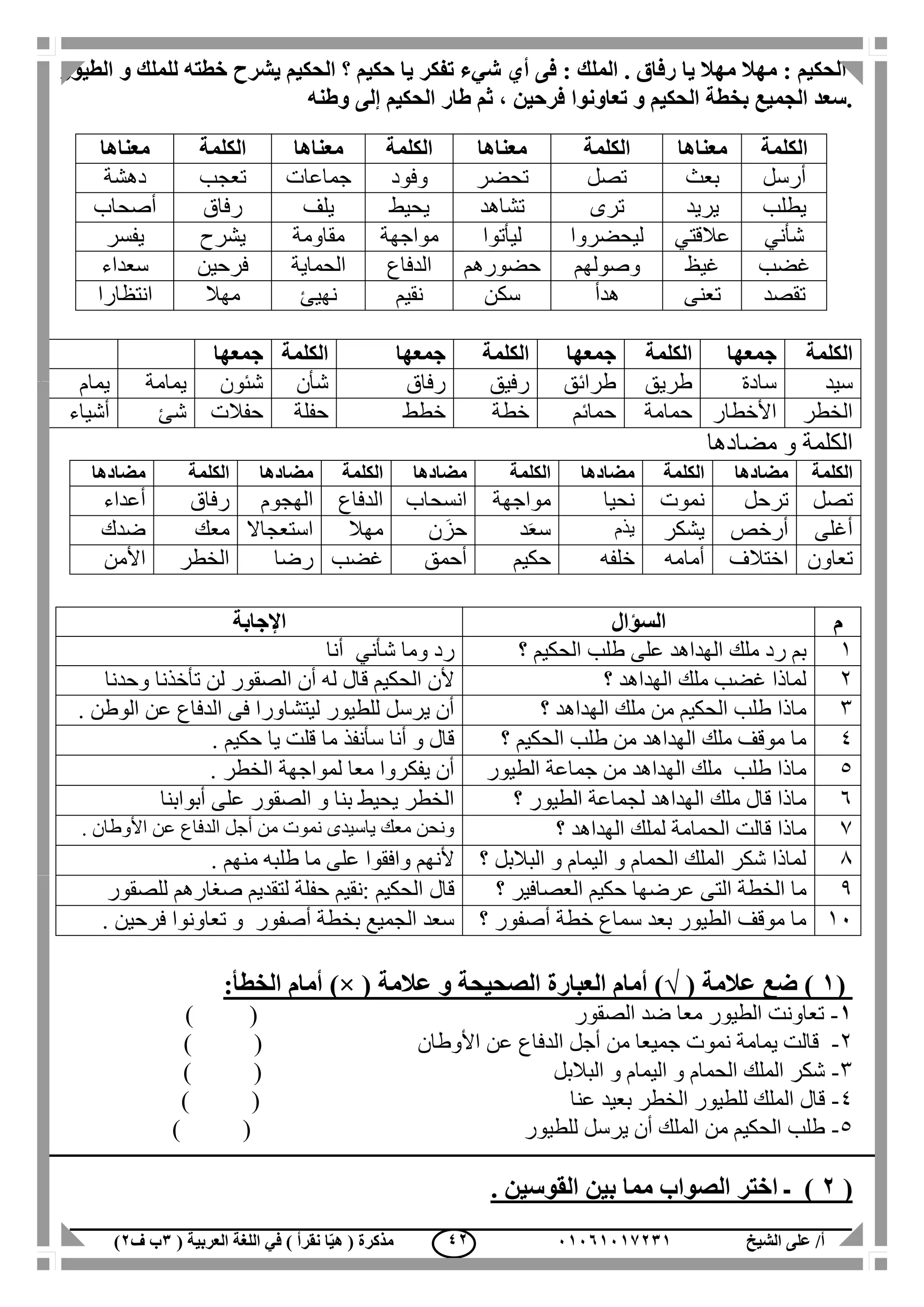 ‫الشيخ‬ ‫على‬ /‫أ‬00070006010( ‫العربية‬ ‫اللغة‬ ‫في‬ ) ‫نقرأ‬ ‫ا‬ّ‫ي‬‫ه‬ ( ‫مذكرة‬1‫ب‬‫ف‬0) 40
‫فى‬ : ‫الملك‬ . ‫رفاق‬ ‫يا‬ ‫مهال‬ ‫مهال‬ : ‫الحكيم‬‫أي‬‫يشرح‬ ‫الحكيم‬ ‫؟‬ ‫حكيم‬ ‫يا‬ ‫تفكر‬ ‫شيء‬‫الطيور‬ ‫و‬ ‫للملك‬ ‫خطته‬
‫تعاونوا‬ ‫و‬ ‫الحكيم‬ ‫بخطة‬ ‫الجميع‬ ‫.سعد‬‫الحكيم‬ ‫طار‬ ‫ثم‬ ، ‫فرحين‬‫إلى‬‫وطنه‬
‫الكلمة‬‫جمعها‬‫الكلمة‬‫جمعها‬‫الكلمة‬‫جمعها‬‫الكلمة‬‫جمعها‬
‫سيد‬‫سادة‬‫طريق‬‫طرائق‬‫رفيق‬‫رفاق‬‫شأن‬‫شئون‬‫يمامة‬‫يمام‬
‫الخطر‬‫األخطار‬‫حمامة‬‫حمائم‬‫خطة‬‫خطط‬‫حفلة‬‫حفالت‬‫شئ‬‫أشياء‬
‫و‬ ‫الكلمة‬‫مضادها‬
‫الكلمة‬‫مضادها‬‫الكلمة‬‫مضادها‬‫الكلمة‬‫مضادها‬‫الكلمة‬‫مضادها‬‫الكلمة‬‫مضادها‬
‫تص‬‫ل‬‫ترحل‬‫نموت‬‫نحيا‬‫مواجهة‬‫انسحاب‬‫الدفاع‬‫الهجوم‬‫رفاق‬‫أ‬‫عداء‬
‫أغلى‬‫أرخص‬‫يشكر‬‫يذم‬‫د‬َ‫ع‬‫س‬‫ن‬ َ‫حز‬‫مهال‬‫استعجاال‬‫معك‬‫ضدك‬
‫تعاون‬‫اختالف‬‫أمامه‬‫خلفه‬‫حكي‬‫م‬‫أحمق‬‫غضب‬‫رضا‬‫الخطر‬‫األمن‬
‫م‬‫السؤال‬‫اإلجابة‬
1‫؟‬ ‫الحكيم‬ ‫طلب‬ ‫على‬ ‫الهداهد‬ ‫ملك‬ ‫رد‬ ‫بم‬‫أنا‬ ‫شأني‬ ‫وما‬ ‫رد‬
2‫؟‬ ‫الهداهد‬ ‫ملك‬ ‫غضب‬ ‫لماذا‬‫وحدن‬ ‫تأخذنا‬ ‫لن‬ ‫الصقور‬ ‫أن‬ ‫له‬ ‫قال‬ ‫الحكيم‬ ‫ألن‬‫ا‬
3‫؟‬ ‫الهداهد‬ ‫ملك‬ ‫من‬ ‫الحكيم‬ ‫طلب‬ ‫ماذا‬. ‫الوطن‬ ‫عن‬ ‫الدفاع‬ ‫فى‬ ‫ليتشاورا‬ ‫للطيور‬ ‫يرسل‬ ‫أن‬
4‫؟‬ ‫الحكيم‬ ‫طلب‬ ‫من‬ ‫الهداهد‬ ‫ملك‬ ‫موقف‬ ‫ما‬. ‫حكيم‬ ‫يا‬ ‫قلت‬ ‫ما‬ ‫سأنفذ‬ ‫أنا‬ ‫و‬ ‫قال‬
5‫الطيور‬ ‫جماعة‬ ‫من‬ ‫الهداهد‬ ‫ملك‬ ‫طلب‬ ‫ماذا‬. ‫الخطر‬ ‫لمواجهة‬ ‫معا‬ ‫يفكروا‬ ‫أن‬
6‫لجما‬ ‫الهداهد‬ ‫ملك‬ ‫قال‬ ‫ماذا‬‫؟‬ ‫الطيور‬ ‫عة‬‫أبوابنا‬ ‫على‬ ‫الصقور‬ ‫و‬ ‫بنا‬ ‫يحيط‬ ‫الخطر‬
7‫؟‬ ‫الهداهد‬ ‫لملك‬ ‫الحمامة‬ ‫قالت‬ ‫ماذا‬. ‫األوطان‬ ‫عن‬ ‫الدفاع‬ ‫أجل‬ ‫من‬ ‫نموت‬ ‫ياسيدى‬ ‫معك‬ ‫ونحن‬
1‫؟‬ ‫البالبل‬ ‫و‬ ‫اليمام‬ ‫و‬ ‫الحمام‬ ‫الملك‬ ‫شكر‬ ‫لماذا‬. ‫منهم‬ ‫طلبه‬ ‫ما‬ ‫على‬ ‫وافقوا‬ ‫ألنهم‬
1‫الت‬ ‫الخطة‬ ‫ما‬‫ى‬‫؟‬ ‫العصافير‬ ‫حكيم‬ ‫عرضها‬‫قال‬‫للصقور‬ ‫صغارهم‬ ‫لتقديم‬ ‫حفلة‬ ‫:نقيم‬ ‫الحكيم‬
11‫؟‬ ‫أصفور‬ ‫خطة‬ ‫سماع‬ ‫بعد‬ ‫الطيور‬ ‫موقف‬ ‫ما‬. ‫فرحين‬ ‫تعاونوا‬ ‫و‬ ‫أصفور‬ ‫بخطة‬ ‫الجميع‬ ‫سعد‬
(0)( ‫عالمة‬ ‫ضع‬√( ‫عالمة‬ ‫و‬ ‫الصحيحة‬ ‫العبارة‬ ‫أمام‬ ))×:‫الخطأ‬ ‫أمام‬
0-‫الصقور‬ ‫ضد‬ ‫معا‬ ‫الطيور‬ ‫تعاونت‬()
2-‫الدفا‬ ‫أجل‬ ‫من‬ ‫جميعا‬ ‫نموت‬ ‫يمامة‬ ‫قالت‬‫ع‬‫األوطان‬ ‫عن‬()
3-‫البالبل‬ ‫و‬ ‫اليمام‬ ‫و‬ ‫الحمام‬ ‫الملك‬ ‫شكر‬()
4-‫عنا‬ ‫بعيد‬ ‫الخطر‬ ‫للطيور‬ ‫الملك‬ ‫قال‬()
5-‫للطيور‬ ‫يرسل‬ ‫أن‬ ‫الملك‬ ‫من‬ ‫الحكيم‬ ‫طلب‬()
(0). ‫القوسين‬ ‫بين‬ ‫مما‬ ‫الصواب‬ ‫اختر‬ ‫ـ‬
‫الكلمة‬‫معناها‬‫الكلمة‬‫معناها‬‫الكلمة‬‫معناها‬‫الكلمة‬‫معناها‬
‫أرسل‬‫بعث‬‫تصل‬‫تحض‬‫ر‬‫وفود‬‫جماعات‬‫تعجب‬‫دهشة‬
‫يطلب‬‫يريد‬‫ترى‬‫تشاهد‬‫يحيط‬‫يلف‬‫رفاق‬‫أصحاب‬
‫شأني‬‫عالقتي‬‫ليحضروا‬‫ليأتوا‬‫مواجهة‬‫مقاومة‬‫يشرح‬‫يفسر‬
‫غضب‬‫غيظ‬‫وصولهم‬‫حضورهم‬‫الدفاع‬‫الحماية‬‫فرحين‬‫سعداء‬
‫تقصد‬‫تعنى‬‫هدأ‬‫سكن‬‫نقيم‬‫نهيئ‬‫مهال‬‫انتظارا‬
 