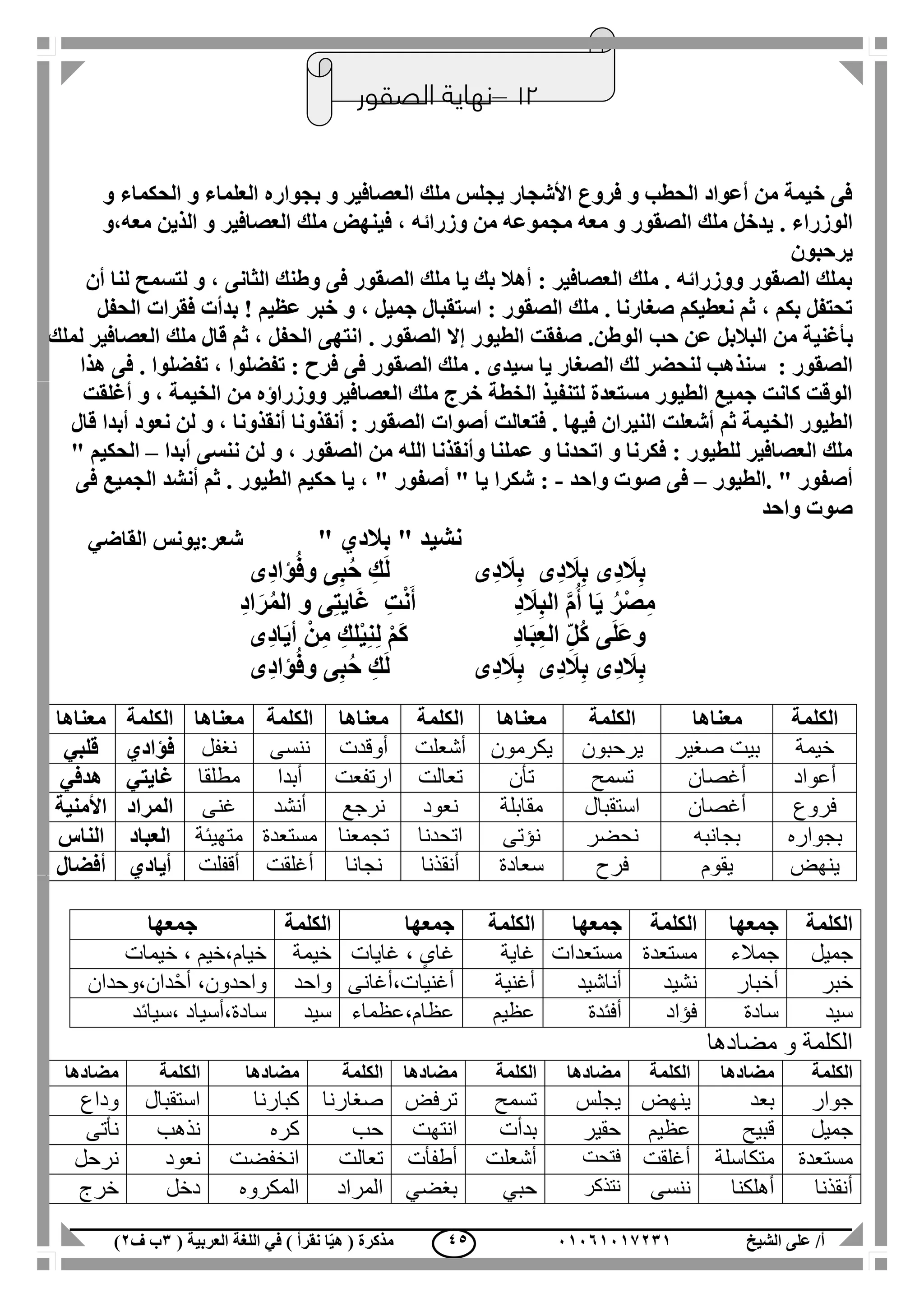 ‫الشيخ‬ ‫على‬ /‫أ‬00070006010( ‫العربية‬ ‫اللغة‬ ‫في‬ ) ‫نقرأ‬ ‫ا‬ّ‫ي‬‫ه‬ ( ‫مذكرة‬1‫ب‬‫ف‬0) 45
12–‫الصقور‬ ‫نهاية‬
‫و‬ ‫الحكماء‬ ‫و‬ ‫العلماء‬ ‫بجواره‬ ‫و‬ ‫العصافير‬ ‫ملك‬ ‫يجلس‬ ‫األشجار‬ ‫فروع‬ ‫و‬ ‫الحطب‬ ‫أعواد‬ ‫من‬ ‫خيمة‬ ‫فى‬
. ‫الوزراء‬‫مجم‬ ‫معه‬ ‫و‬ ‫الصقور‬ ‫ملك‬ ‫يدخل‬‫معه،و‬ ‫الذين‬ ‫و‬ ‫العصافير‬ ‫ملك‬ ‫فينهض‬ ، ‫وزرائه‬ ‫من‬ ‫وعه‬
‫يرحبون‬
‫أن‬ ‫لنا‬ ‫لتسمح‬ ‫و‬ ، ‫الثانى‬ ‫وطنك‬ ‫فى‬ ‫الصقور‬ ‫ملك‬ ‫يا‬ ‫بك‬ ‫أهال‬ : ‫العصافير‬ ‫ملك‬ . ‫ووزرائه‬ ‫الصقور‬ ‫بملك‬
‫ب‬ ! ‫عظيم‬ ‫خبر‬ ‫و‬ ، ‫جميل‬ ‫استقبال‬ : ‫الصقور‬ ‫ملك‬ . ‫صغارنا‬ ‫نعطيكم‬ ‫ثم‬ ، ‫بكم‬ ‫تحتفل‬‫د‬‫الحفل‬ ‫فقرات‬ ‫أت‬
‫م‬ ‫بأغنية‬‫ن‬‫ع‬ ‫البالبل‬‫الوطن‬ ‫حب‬ ‫ن‬.‫الطيور‬ ‫صفقت‬‫إال‬. ‫الصقور‬‫لملك‬ ‫العصافير‬ ‫ملك‬ ‫قال‬ ‫ثم‬ ، ‫الحفل‬ ‫انتهى‬
: ‫الصقور‬‫سن‬‫ذ‬‫هذا‬ ‫فى‬ . ‫تفضلوا‬ ، ‫تفضلوا‬ : ‫فرح‬ ‫فى‬ ‫الصقور‬ ‫ملك‬ . ‫سيدى‬ ‫يا‬ ‫الصغار‬ ‫لك‬ ‫لنحضر‬ ‫هب‬
‫أغلقت‬ ‫و‬ ، ‫الخيمة‬ ‫من‬ ‫ووزراؤه‬ ‫العصافير‬ ‫ملك‬ ‫خرج‬ ‫الخطة‬ ‫لتنفيذ‬ ‫مستعدة‬ ‫الطيور‬ ‫جميع‬ ‫كانت‬ ‫الوقت‬
‫الطيو‬‫ثم‬ ‫الخيمة‬ ‫ر‬‫أشعلت‬‫قال‬ ‫أبدا‬ ‫نعود‬ ‫لن‬ ‫و‬ ، ‫أنقذونا‬ ‫أنقذونا‬ : ‫الصقور‬ ‫أصوات‬ ‫فتعالت‬ . ‫فيها‬ ‫النيران‬
‫أبدا‬ ‫ننسى‬ ‫لن‬ ‫و‬ ، ‫الصقور‬ ‫من‬ ‫الله‬ ‫وأنقذنا‬ ‫عملنا‬ ‫و‬ ‫اتحدنا‬ ‫و‬ ‫فكرنا‬ : ‫للطيور‬ ‫العصافير‬ ‫ملك‬–" ‫الحكيم‬
‫.الطيور‬ " ‫أصفور‬–‫واحد‬ ‫صوت‬ ‫فى‬-‫الطيور‬ ‫حكيم‬ ‫يا‬ ، " ‫أصفور‬ " ‫يا‬ ‫شكرا‬ :‫فى‬ ‫الجميع‬ ‫أنشد‬ ‫ثم‬ .
‫واحد‬ ‫صوت‬
" ‫نشيد‬‫بالدي‬"‫شعر‬:‫القاضي‬ ‫يونس‬
‫ِى‬‫د‬‫ؤا‬ُ‫ف‬‫و‬ ‫ى‬ِ‫ب‬ُ‫ح‬ ِ‫ك‬َ‫ل‬ ‫ِى‬‫د‬ َ‫ال‬ِ‫ب‬ ‫ِى‬‫د‬ َ‫ال‬ِ‫ب‬ ‫ِى‬‫د‬ َ‫ال‬ِ‫ب‬
‫ا‬ ‫و‬ ‫ى‬ِ‫ت‬‫اي‬َ‫غ‬ ِ‫ت‬ْ‫ن‬َ‫أ‬ ِ‫د‬ َ‫ال‬ِ‫ب‬‫ال‬ َّ‫م‬ُ‫أ‬ ‫ا‬َ‫ي‬ ُ‫ْر‬‫ص‬ِ‫م‬ِ‫د‬‫ا‬َ‫ر‬ُ‫م‬‫ل‬
‫ِى‬‫د‬‫ا‬َ‫ي‬‫أ‬ ْ‫ن‬ِ‫م‬ ِ‫لك‬ْ‫ي‬ِ‫ن‬ِ‫ل‬ ْ‫م‬َ‫ك‬ ِ‫د‬‫ا‬َ‫ب‬ِ‫ع‬‫ال‬ ِّ‫ل‬ُ‫ك‬ ‫ى‬َ‫ل‬َ‫ع‬‫و‬
‫ِى‬‫د‬‫ؤا‬ُ‫ف‬‫و‬ ‫ى‬ِ‫ب‬ُ‫ح‬ ِ‫ك‬َ‫ل‬ ‫ِى‬‫د‬ َ‫ال‬ِ‫ب‬ ‫ِى‬‫د‬ َ‫ال‬ِ‫ب‬ ‫ِى‬‫د‬ َ‫ال‬ِ‫ب‬
‫الك‬‫لمة‬‫جمعها‬‫الكلمة‬‫جمعها‬‫الكلمة‬‫جمعها‬‫الكلمة‬‫جمعها‬
‫جميل‬‫جمالء‬‫مستعدة‬‫مستعدات‬‫غاية‬‫غايات‬ ، ٍ‫غاى‬‫خيمة‬‫خيمات‬ ، ‫خيام،خيم‬
‫خبر‬‫أخبار‬‫نشيد‬‫أناشيد‬‫أغنية‬‫أغنيات،أغانى‬‫واحد‬‫دان،وحدان‬ْ‫أح‬ ،‫واحدون‬
‫سيد‬‫سادة‬‫فؤاد‬‫أفئدة‬‫عظيم‬‫عظام،عظماء‬‫سيد‬‫،سيائد‬ ‫سادة،أسياد‬
‫و‬ ‫الكلمة‬‫مضا‬‫دها‬
‫الكلمة‬‫مضادها‬‫الكلمة‬‫مضادها‬‫الكلمة‬‫مضادها‬‫الكلمة‬‫مضادها‬‫الكلمة‬‫مضادها‬
‫جوار‬‫بعد‬‫ينهض‬‫يجلس‬‫تسمح‬‫ترفض‬‫صغارنا‬‫كبارنا‬‫استقبال‬‫وداع‬
‫جميل‬‫قبيح‬‫عظيم‬‫حقير‬‫بدأت‬‫انتهت‬‫حب‬‫كره‬‫نذهب‬‫نأتى‬
‫مستعدة‬‫متكاسلة‬‫أغلقت‬‫فتحت‬‫أشعلت‬‫أطفأت‬‫تعالت‬‫انخفضت‬‫نعود‬‫نرحل‬
‫أنقذنا‬‫أهلكن‬‫ا‬‫ننسى‬‫نتذكر‬‫حبي‬‫بغضي‬‫المراد‬‫المكروه‬‫دخل‬‫خرج‬
‫الكلمة‬‫معناها‬‫الكلمة‬‫معناها‬‫الكلمة‬‫معناها‬‫الكلمة‬‫معناها‬‫الكلمة‬‫معناها‬
‫خيمة‬‫صغير‬ ‫بيت‬‫يرحبون‬‫يكرمون‬‫أشعلت‬‫أوقدت‬‫ننسى‬‫نغفل‬‫فؤ‬‫ادي‬‫قلبي‬
‫أعواد‬‫أغصان‬‫تسمح‬‫تأن‬‫تعالت‬‫ارتفعت‬‫أبدا‬‫مطلقا‬‫غايتي‬‫هدفي‬
‫فروع‬‫أغصان‬‫استقبال‬‫مقابلة‬‫نعود‬‫نرجع‬‫أنشد‬‫غنى‬‫المراد‬‫األمنية‬
‫بجواره‬‫بجانبه‬‫نحضر‬‫نؤتى‬‫اتحدنا‬‫تجمعنا‬‫مستعدة‬‫متهيئة‬‫العباد‬‫الناس‬
‫ينهض‬‫يقوم‬‫فرح‬‫سعادة‬‫أنقذنا‬‫نجانا‬‫أغلقت‬‫أقفلت‬‫أيادي‬‫أفضال‬
 