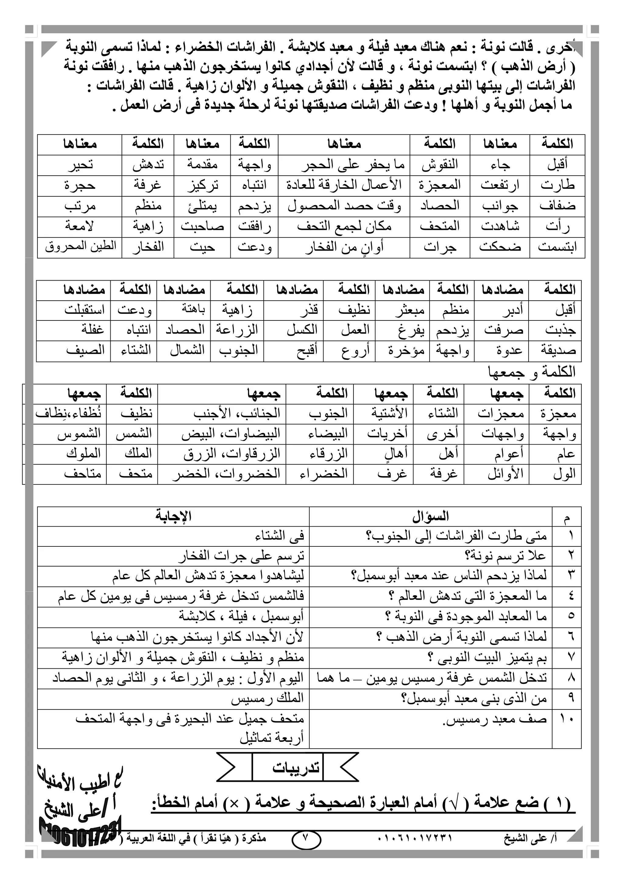 ‫الشيخ‬ ‫على‬ /‫أ‬00070006010( ‫العربية‬ ‫اللغة‬ ‫في‬ ) ‫نقرأ‬ ‫ا‬ّ‫ي‬‫ه‬ ( ‫مذكرة‬1‫ب‬‫ف‬0) 6
‫ن‬ ‫قالت‬ . ‫أخرى‬‫النوبة‬ ‫تسمى‬ ‫لماذا‬ : ‫الخضراء‬ ‫الفراشات‬ . ‫كالبشة‬ ‫معبد‬ ‫و‬ ‫فيلة‬ ‫معبد‬ ‫هناك‬ ‫نعم‬ : ‫ونة‬
‫ألن‬ ‫قالت‬ ‫و‬ ، ‫نونة‬ ‫ابتسمت‬ ‫؟‬ ) ‫الذهب‬ ‫أرض‬ (‫أجدادي‬‫نونة‬ ‫رافقت‬ . ‫منها‬ ‫الذهب‬ ‫يستخرجون‬ ‫كانوا‬
: ‫الفراشات‬ ‫قالت‬ . ‫زاهية‬ ‫األلوان‬ ‫و‬ ‫جميلة‬ ‫النقوش‬ ، ‫نظيف‬ ‫و‬ ‫منظم‬ ‫النوبى‬ ‫بيتها‬ ‫إلى‬ ‫الفراشات‬
‫ما‬. ‫العمل‬ ‫أرض‬ ‫فى‬ ‫جديدة‬ ‫لرحلة‬ ‫نونة‬ ‫صديقتها‬ ‫الفراشات‬ ‫ودعت‬ ! ‫أهلها‬ ‫و‬ ‫النوبة‬ ‫أجمل‬
‫الكلمة‬‫معناها‬‫الكلمة‬‫معناها‬‫الكلمة‬‫معناها‬‫الكلمة‬‫معناها‬
‫أقبل‬‫جاء‬‫النقوش‬‫الحجر‬ ‫على‬ ‫يحفر‬ ‫ما‬‫واجهة‬‫مقدمة‬‫تدهش‬‫تحير‬
‫طارت‬‫ارتفعت‬‫المعجزة‬‫للعادة‬ ‫الخارقة‬ ‫األعمال‬‫انتباه‬‫تركيز‬‫غرفة‬‫حجرة‬
‫ضفاف‬‫جوانب‬‫الحصاد‬‫المحصول‬ ‫حصد‬ ‫وقت‬‫يزدحم‬‫يمتلئ‬‫منظم‬‫مرتب‬
‫رأت‬‫شاهدت‬‫المتحف‬‫التحف‬ ‫لجمع‬ ‫مكان‬‫رافقت‬‫صاحبت‬‫زاهية‬‫المعة‬
‫ابتسمت‬‫ضحكت‬‫جرات‬‫الفخار‬ ‫من‬ ٍ‫أوان‬‫ودعت‬‫حيت‬‫الفخار‬‫الطين‬‫المحروق‬
‫الكلمة‬‫مضادها‬‫الكلمة‬‫مضادها‬‫الكلمة‬‫مضادها‬‫الكلمة‬‫مضادها‬‫الكلمة‬‫مضادها‬
‫أقبل‬‫أدبر‬‫منظم‬‫مبعثر‬‫نظيف‬‫قذر‬‫زاهية‬‫باهتة‬‫ودعت‬‫استقبلت‬
‫جذبت‬‫صرفت‬‫يزدحم‬‫يفرغ‬‫العمل‬‫الكسل‬‫الزراعة‬‫الحصاد‬‫انتباه‬‫غفلة‬
‫صديقة‬‫عدوة‬‫واجهة‬‫مؤخرة‬‫أروع‬‫أقبح‬‫الجنوب‬‫الشمال‬‫الشتاء‬‫الصيف‬
‫جمعها‬ ‫و‬ ‫الكلمة‬
‫الكلمة‬‫جمعها‬‫الكلمة‬‫جمعها‬‫الكلمة‬‫جمعها‬‫الكلمة‬‫جمعها‬
‫معجزة‬‫مع‬‫جزات‬‫الشتاء‬‫األشتية‬‫الجنوب‬‫األجنب‬ ،‫الجنائب‬‫نظيف‬‫ظاف‬ِ‫ن‬،‫ظفاء‬ُ‫ن‬
‫واجهة‬‫واجهات‬‫أخرى‬‫أخريات‬‫البيضاء‬‫البيض‬ ،‫البيضاوات‬‫الشمس‬‫الشموس‬
‫عام‬‫أعوام‬‫أهل‬ٍ‫ل‬‫أها‬‫الزرقاء‬‫الزرق‬ ،‫الزرقاوات‬‫الملك‬‫الملوك‬
‫الول‬‫األوائل‬‫غرفة‬‫غرف‬‫الخضراء‬‫الخضر‬ ،‫الخضروات‬‫متحف‬‫متاحف‬
‫م‬‫السؤال‬‫اإلجابة‬
1‫الجنوب؟‬ ‫إلى‬ ‫الفراشات‬ ‫طارت‬ ‫متى‬‫الشتاء‬ ‫فى‬
2‫نونة؟‬ ‫ترسم‬ ‫عال‬‫الفخار‬ ‫جرات‬ ‫على‬ ‫ترسم‬
3‫أبوسمبل؟‬ ‫معبد‬ ‫عند‬ ‫الناس‬ ‫يزدحم‬ ‫لماذا‬‫عام‬ ‫كل‬ ‫العالم‬ ‫تدهش‬ ‫معجزة‬ ‫ليشاهدوا‬
4‫؟‬ ‫العالم‬ ‫تدهش‬ ‫التى‬ ‫المعجزة‬ ‫ما‬‫رمس‬ ‫غرفة‬ ‫تدخل‬ ‫فالشمس‬‫عام‬ ‫كل‬ ‫يومين‬ ‫فى‬ ‫يس‬
5‫الموجود‬ ‫المعابد‬ ‫ما‬‫ة‬‫؟‬ ‫النوبة‬ ‫فى‬‫كالبشة‬ ، ‫فيلة‬ ، ‫أبوسمبل‬
6‫؟‬ ‫الذهب‬ ‫أرض‬ ‫النوبة‬ ‫تسمى‬ ‫لماذا‬‫منها‬ ‫الذهب‬ ‫يستخرجون‬ ‫كانوا‬ ‫األجداد‬ ‫ألن‬
7‫؟‬ ‫النوبى‬ ‫البيت‬ ‫يتميز‬ ‫بم‬‫زاهية‬ ‫األلوان‬ ‫و‬ ‫جميلة‬ ‫النقوش‬ ، ‫نظيف‬ ‫و‬ ‫منظم‬
1‫يومين‬ ‫رمسيس‬ ‫غرفة‬ ‫الشمس‬ ‫تدخل‬–‫ه‬ ‫ما‬‫ما‬‫الحصاد‬ ‫يوم‬ ‫الثانى‬ ‫و‬ ، ‫الزراعة‬ ‫يوم‬ : ‫األول‬ ‫اليوم‬
1‫أبوسمبل؟‬ ‫معبد‬ ‫بنى‬ ‫الذى‬ ‫من‬‫رمسيس‬ ‫الملك‬
11.‫رمسيس‬ ‫معبد‬ ‫صف‬‫المتحف‬ ‫واجهة‬ ‫فى‬ ‫البحيرة‬ ‫عند‬ ‫جميل‬ ‫متحف‬
‫تماثيل‬ ‫أربعة‬
(0)( ‫عالمة‬ ‫ضع‬√( ‫عالمة‬ ‫و‬ ‫الصحيحة‬ ‫العبارة‬ ‫أمام‬ ))×:‫الخطأ‬ ‫أمام‬
‫تدريبات‬
 