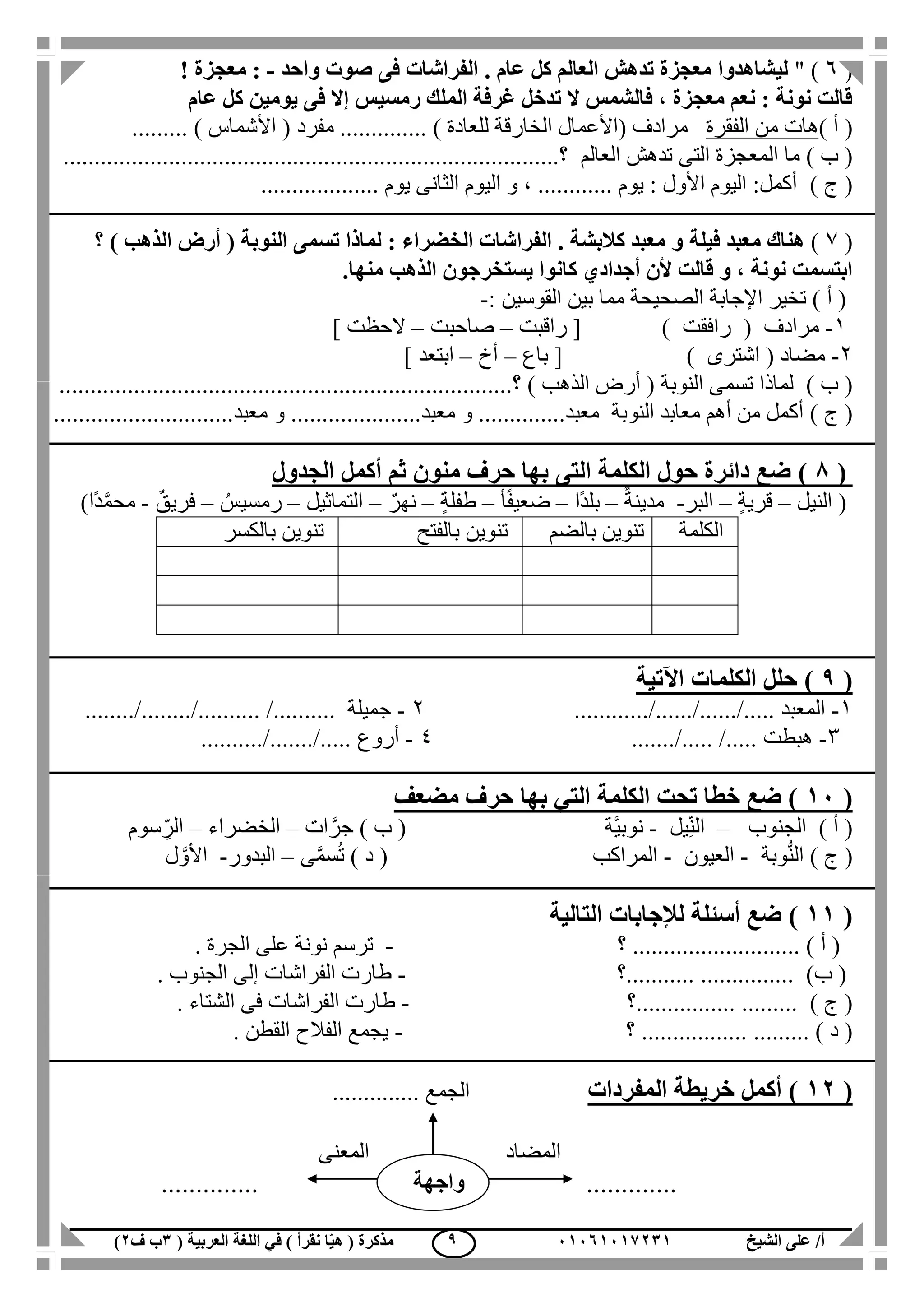 ‫الشيخ‬ ‫على‬ /‫أ‬00070006010( ‫العربية‬ ‫اللغة‬ ‫في‬ ) ‫نقرأ‬ ‫ا‬ّ‫ي‬‫ه‬ ( ‫مذكرة‬1‫ب‬‫ف‬0) 9
(6" )‫واحد‬ ‫صوت‬ ‫فى‬ ‫الفراشات‬ . ‫عام‬ ‫كل‬ ‫العالم‬ ‫تدهش‬ ‫معجزة‬ ‫ليشاهدوا‬-! ‫معجزة‬ :
‫عام‬ ‫كل‬ ‫يومين‬ ‫فى‬ ‫إال‬ ‫رمسيس‬ ‫الملك‬ ‫غرفة‬ ‫تدخل‬ ‫ال‬ ‫فالشمس‬ ، ‫معجزة‬ ‫نعم‬ : ‫نونة‬ ‫قالت‬
) ‫أ‬ (‫الفقرة‬ ‫من‬ ‫هات‬( ‫مرادف‬‫للعادة‬ ‫الخارقة‬ ‫األعمال‬............ )..‫مفرد‬(‫األشماس‬......... )
) ‫ب‬ (‫العالم‬ ‫تدهش‬ ‫التى‬ ‫المعجزة‬ ‫ما‬................................................................................‫؟‬
) ‫ج‬ (................... ‫يوم‬ ‫الثانى‬ ‫اليوم‬ ‫و‬ ، ............ ‫يوم‬ : ‫األول‬ ‫اليوم‬ :‫أكمل‬
(7)‫فيلة‬ ‫معبد‬ ‫هناك‬‫؟‬ ) ‫الذهب‬ ‫أرض‬ ( ‫النوبة‬ ‫تسمى‬ ‫لماذا‬ : ‫الخضراء‬ ‫الفراشات‬ . ‫كالبشة‬ ‫معبد‬ ‫و‬
‫منها‬ ‫الذهب‬ ‫يستخرجون‬ ‫كانوا‬ ‫أجدادي‬ ‫ألن‬ ‫قالت‬ ‫و‬ ، ‫نونة‬ ‫ابتسمت‬.
‫القوسين‬ ‫بين‬ ‫مما‬ ‫الصحيحة‬ ‫اإلجابة‬ ‫تخير‬ ) ‫أ‬ (:-
1-‫رافقت‬ ( ‫مرادف‬‫راقبت‬ [ )–‫صاحبت‬–] ‫الحظت‬
2-) ‫اشترى‬ ( ‫مضاد‬‫باع‬ [–‫أخ‬–] ‫ابتعد‬
) ‫ب‬ (‫؟‬ ) ‫الذهب‬ ‫أرض‬ ( ‫النوبة‬ ‫تسمى‬ ‫لماذا‬.........................................................................
) ‫ج‬ (‫النوبة‬ ‫معابد‬ ‫أهم‬ ‫من‬ ‫أكمل‬‫معبد‬.........................‫معبد‬ ‫و‬...........................‫معبد‬ ‫و‬............
(8)‫الجدول‬ ‫أكمل‬ ‫ثم‬ ‫منون‬ ‫حرف‬ ‫بها‬ ‫التى‬ ‫الكلمة‬ ‫حول‬ ‫دائرة‬ ‫ضع‬
(‫النيل‬–ٍ‫ة‬‫قري‬–‫البر‬-ٌ‫مدينة‬–‫ًا‬‫د‬‫بل‬–‫أ‬ً‫ف‬‫ضعي‬–ٍ‫ة‬‫طفل‬–ٌ‫نهر‬–‫التماثيل‬–ُ‫رمسيس‬–ٌ‫فريق‬-‫ًا‬‫د‬َّ‫م‬‫مح‬)
‫الكلمة‬‫بالضم‬ ‫تنوين‬‫بالفتح‬ ‫تنوين‬‫بالكسر‬ ‫تنوين‬
(9)‫اآلتية‬ ‫الكلمات‬ ‫حلل‬
1-‫المعبد‬...../....../....../............2-‫جميلة‬....... /............./............../..
3-‫هبطت‬......./..... /.....4-‫أروع‬........../......./.....
(00‫مضعف‬ ‫حرف‬ ‫بها‬ ‫التي‬ ‫الكلمة‬ ‫تحت‬ ‫خطا‬ ‫ضع‬ )
) ‫أ‬ (‫الجنوب‬–‫يل‬ِّ‫ن‬‫ال‬-‫َّة‬‫ي‬‫نوب‬) ‫ب‬ (‫ات‬َّ‫جر‬–‫الخضراء‬–‫سوم‬ ِّ‫الر‬
) ‫ج‬ (‫وبة‬ُّ‫ن‬‫ال‬-‫العيون‬-‫المراكب‬) ‫د‬ (‫ى‬َّ‫م‬‫س‬ُ‫ت‬–‫البدور‬-‫ل‬ َّ‫األو‬
(00‫ضع‬ )‫أسئل‬‫ة‬‫التالية‬ ‫لإلجابات‬
........................... ) ‫أ‬ (‫؟‬-‫الجرة‬ ‫على‬ ‫نونة‬ ‫ترسم‬.
........... )‫ب‬ (...............‫؟‬-‫الجنوب‬ ‫إلى‬ ‫الفراشات‬ ‫طارت‬.
... ) ‫ج‬ (......................‫؟‬-‫الشتاء‬ ‫فى‬ ‫الفراشات‬ ‫طارت‬.
......... ) ‫د‬ (.................‫؟‬-‫القطن‬ ‫الفالح‬ ‫يجمع‬.
(00‫المفردات‬ ‫خريطة‬ ‫أكمل‬ ).............. ‫الجمع‬
‫المضاد‬‫المعنى‬
.............. .............‫واجهة‬
 