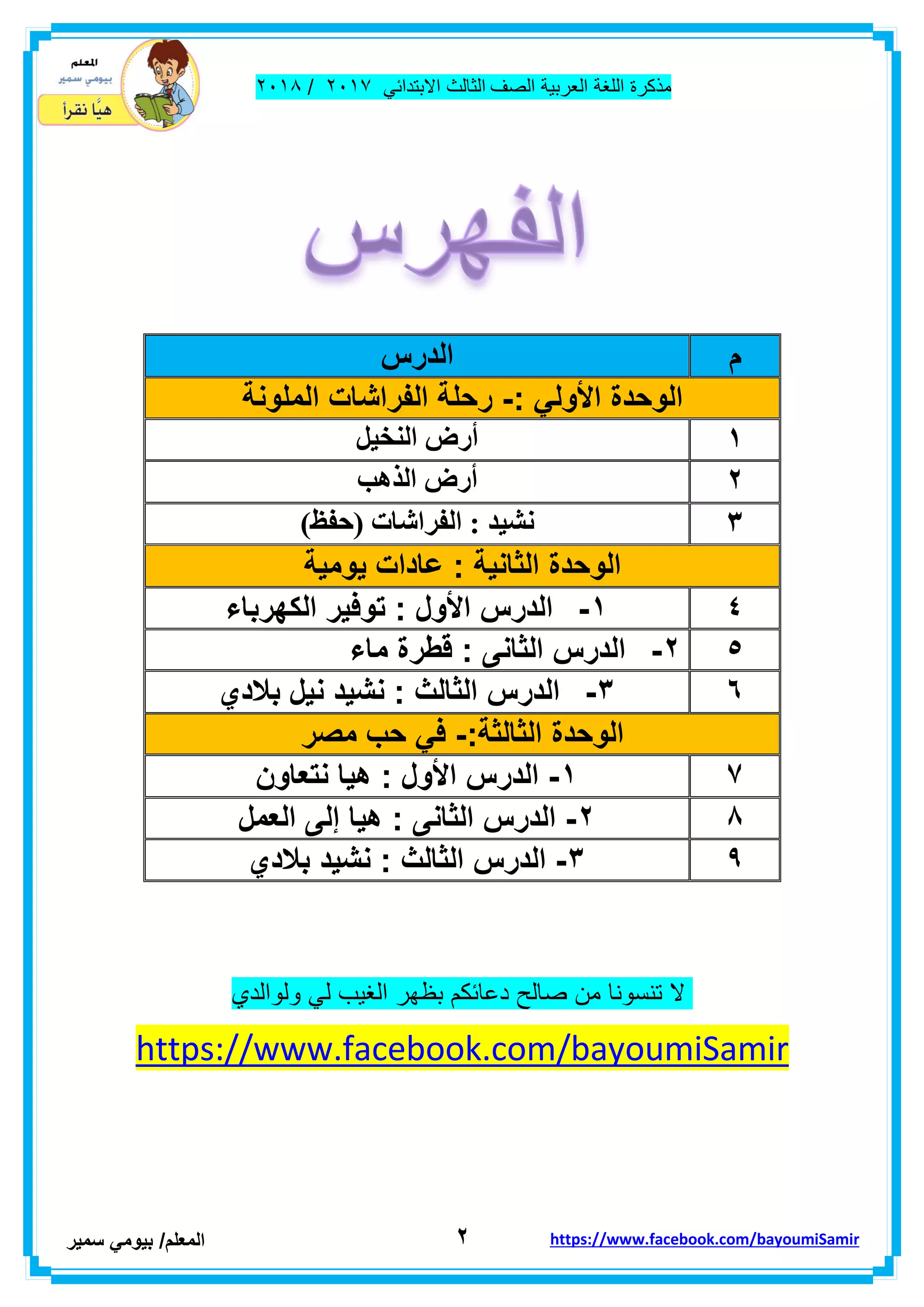 ‫مذكر‬‫ة‬‫اللغة‬‫العربٌة‬‫الصف‬‫الثالث‬ً‫االبتداب‬ٕٓٔ2/ٕٓٔ2
ٕ‫ا‬‫لمعلم‬/ً‫بٌوم‬‫سمٌر‬ https://www.facebook.com/bayoumiSamir
‫م‬‫الدرس‬
‫الوحدة‬ً‫األول‬:-‫الملونة‬ ‫الفراشات‬ ‫رحلة‬
ٔ‫النخيل‬ ‫أرض‬
ٕ‫الذهب‬ ‫أرض‬
ٖ‫الفزاشات‬ : ‫نشيذ‬)‫(حفظ‬
‫الوحدة‬‫الثانٌة‬:‫ٌومٌة‬ ‫عادات‬
ٗٔ-‫الدرس‬‫األول‬:‫الكهرباء‬ ‫توفٌر‬
ٕ٘-‫الدرس‬‫الثانى‬:‫ماء‬ ‫قطرة‬
ٖٙ-‫الدرس‬‫الثالث‬:‫نشٌد‬‫ن‬‫بالدي‬ ‫ٌل‬
‫الوحدة‬‫الثالثة‬:-‫مصر‬ ‫حب‬ ً‫ف‬
7ٔ-‫الدرس‬‫األول‬:‫نتعاون‬ ‫هٌا‬
8ٕ-‫الدرس‬‫الثانى‬:‫العمل‬ ‫إلى‬ ‫هٌا‬
9ٖ-‫الدرس‬‫الثالث‬:‫نشٌد‬‫بالدي‬
‫ال‬‫تنسونا‬‫من‬‫صالح‬‫دعابكم‬‫بظهر‬‫الغٌب‬ً‫ل‬‫ولوالدي‬
https://www.facebook.com/bayoumiSamir
 