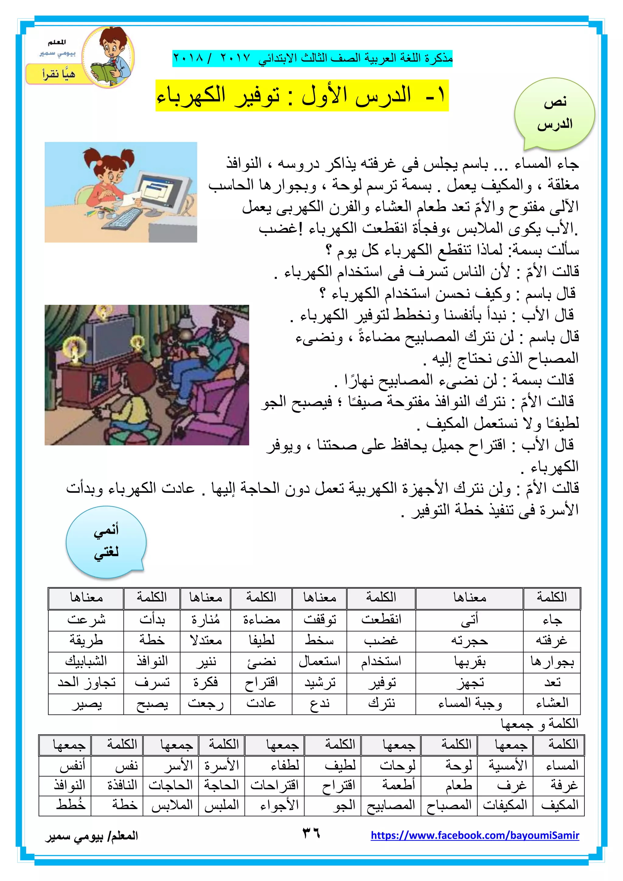 ‫مذكر‬‫ة‬‫اللغة‬‫العربٌة‬‫الصف‬‫الثالث‬ً‫االبتداب‬ٕٓٔ2/ٕٓٔ2
ٖٙ‫ا‬‫لمعلم‬/ً‫بٌوم‬‫سمٌر‬ https://www.facebook.com/bayoumiSamir
ٔ-‫الدرس‬‫األول‬:‫الكهرباء‬ ‫توفٌر‬
‫ٌجل‬ ‫باسم‬ ... ‫المساء‬ ‫جاء‬‫النوافذ‬ ، ‫دروسه‬ ‫ٌذاكر‬ ‫غرفته‬ ‫فى‬ ‫س‬
‫الحاسب‬ ‫وبجوارها‬ ، ‫لوحة‬ ‫ترسم‬ ‫بسمة‬ . ‫ٌعمل‬ ‫والمكٌف‬ ، ‫مغلمة‬
‫ٌعمل‬ ‫الكهربى‬ ‫والفرن‬ ‫العشاء‬ ‫طعام‬ ‫تعد‬ ّ‫م‬‫واأل‬ ‫مفتوح‬ ‫اآللى‬
‫،و‬ ‫المالبس‬ ‫ٌكوى‬ ‫.األب‬‫!غضب‬ ‫الكهرباء‬ ‫انمطعت‬ ‫فجأة‬
‫سألت‬‫؟‬ ‫ٌوم‬ ‫كل‬ ‫الكهرباء‬ ‫تنمطع‬ ‫لماذا‬ :‫بسمة‬
‫النا‬ ‫ألن‬ : ّ‫م‬‫األ‬ ‫لالت‬. ‫الكهرباء‬ ‫استخدام‬ ‫فى‬ ‫تسرف‬ ‫س‬
‫؟‬ ‫الكهرباء‬ ‫استخدام‬ ‫نحسن‬ ‫وكٌف‬ : ‫باسم‬ ‫لال‬
. ‫الكهرباء‬ ‫لتوفٌر‬ ‫ونخطط‬ ‫بأنفسنا‬ ‫نبدأ‬ : ‫األب‬ ‫لال‬
‫ونضىء‬ ، ً‫ة‬‫مضاء‬ ‫المصابٌح‬ ‫نترن‬ ‫لن‬ : ‫باسم‬ ‫لال‬
. ‫إلٌه‬ ‫نحتاج‬ ‫الذى‬ ‫المصباح‬
. ‫ا‬ً‫نهار‬ ‫المصابٌح‬ ‫نضىء‬ ‫لن‬ : ‫بسمة‬ ‫لالت‬
‫النوافذ‬ ‫نترن‬ : ّ‫م‬‫األ‬ ‫لالت‬‫الجو‬ ‫فٌصبح‬ ‫؛‬ ‫ا‬ً‫ـ‬‫صٌف‬ ‫مفتوحة‬
. ‫المكٌف‬ ‫نستعمل‬ ‫وال‬ ‫ا‬ً‫ـ‬‫لطٌف‬
‫وٌوفر‬ ، ‫صحتنا‬ ‫على‬ ‫ٌحافظ‬ ‫جمٌل‬ ‫التراح‬ : ‫األب‬ ‫لال‬
. ‫الكهرباء‬
‫وبدأت‬ ‫الكهرباء‬ ‫عادت‬ . ‫إلٌها‬ ‫الحاجة‬ ‫دون‬ ‫تعمل‬ ‫الكهربٌة‬ ‫األجهزة‬ ‫نترن‬ ‫ولن‬ : ّ‫م‬‫األ‬ ‫لالت‬
. ‫التوفٌر‬ ‫خطة‬ ‫تنفٌذ‬ ‫فى‬ ‫األسرة‬
‫جّؼٙب‬ ٚ ‫اٌىٍّخ‬
‫اٌىٍّخ‬‫جّؼٙب‬‫اٌىٍّخ‬‫جّؼٙب‬‫اٌىٍّخ‬‫جّؼٙب‬‫اٌىٍّخ‬‫جّؼٙب‬‫اٌىٍّخ‬‫جّؼٙب‬
‫اٌّغبء‬‫األِغ١خ‬‫ٌٛدخ‬‫ٌٛدبد‬‫ٌط١ف‬‫ٌطفبء‬‫األعشح‬‫األعش‬‫ٔفظ‬‫أٔفظ‬
‫غشفخ‬‫غشف‬َ‫طؼب‬‫أطؼّخ‬‫الزشاح‬‫الزشادبد‬‫اٌذبجخ‬‫اٌذبجبد‬‫إٌبفزح‬‫إٌٛافز‬
‫اٌّى١ف‬‫اٌّى١فبد‬‫اٌّصجبح‬‫اٌّصبث١خ‬ٛ‫اٌج‬‫األجٛاء‬‫اٌٍّجظ‬‫اٌّالثظ‬‫خطخ‬‫طظ‬ُ‫خ‬
‫اٌىٍّخ‬‫ِؼٕب٘ب‬‫اٌىٍّخ‬‫ِؼٕب‬‫٘ب‬‫اٌىٍّخ‬‫ِؼٕب٘ب‬‫اٌىٍّخ‬‫ِؼٕب٘ب‬
‫جبء‬ٝ‫أر‬‫أمطؼذ‬‫رٛلفذ‬‫ِضبءح‬‫ٕبسح‬ُِ‫ثذأد‬‫ششػذ‬
ٗ‫غشفز‬ٗ‫دجشر‬‫غضت‬‫عخظ‬‫ٌط١فب‬‫ِؼزذال‬‫خطخ‬‫طش٠مخ‬
‫ثجٛاس٘ب‬‫ثمشثٙب‬َ‫اعزخذا‬‫اعزؼّبي‬‫ٔضئ‬‫ٕٔ١ش‬‫إٌٛافز‬‫اٌشجبث١ه‬
‫رؼذ‬‫رجٙض‬‫رٛف١ش‬‫رشش١ذ‬‫الزشاح‬‫فىشح‬‫رغشف‬‫اٌذذ‬ ‫رجبٚص‬
‫اٌؼشبء‬‫اٌّغبء‬ ‫ٚججخ‬‫ٔزشن‬‫ٔذ‬‫ع‬‫ػبدد‬‫سجؼذ‬‫٠صجخ‬‫٠ص١ش‬
‫نص‬
‫الدرس‬
ً‫أنم‬
ً‫لغت‬
 