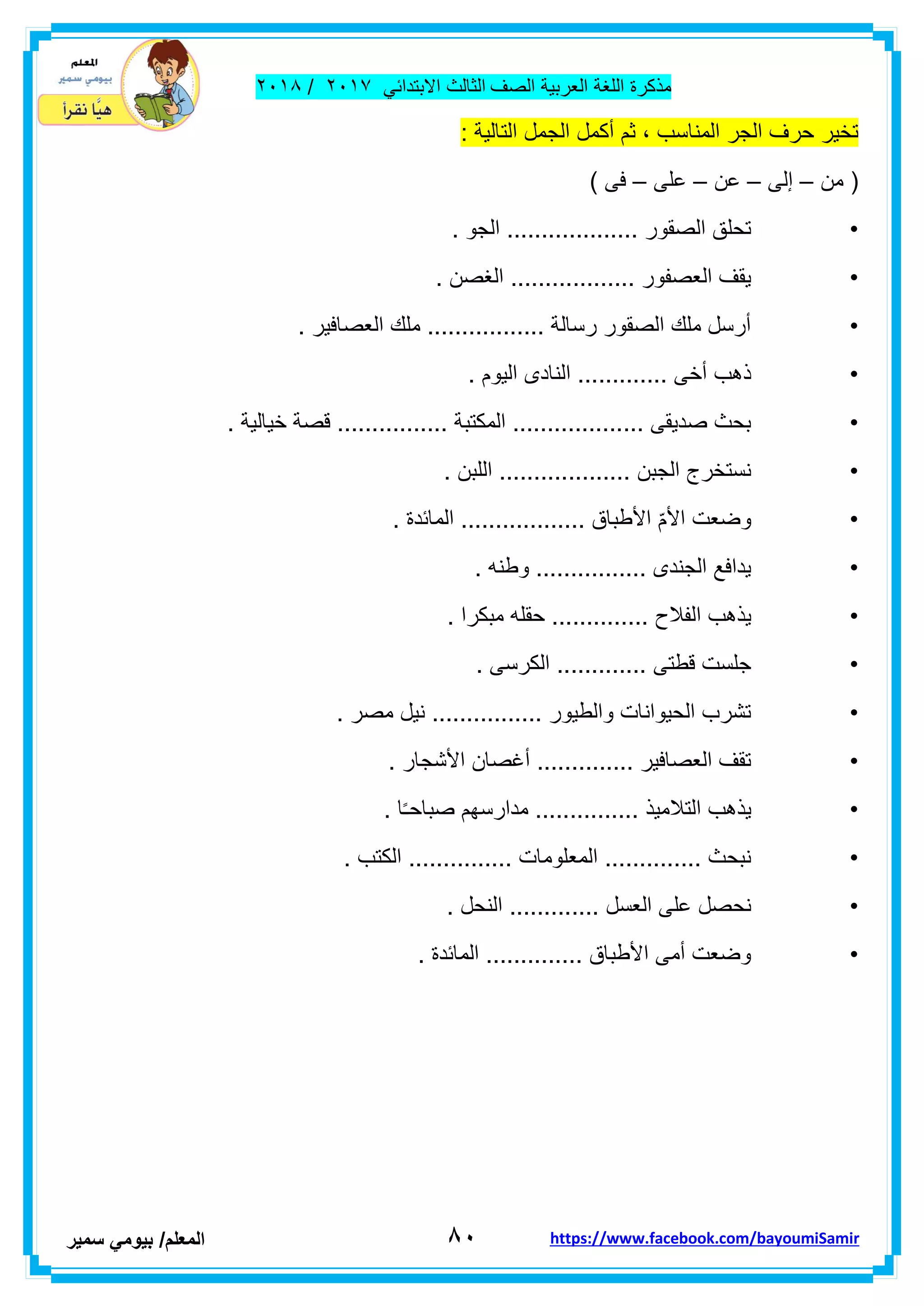 ‫مذكر‬‫ة‬‫اللغة‬‫العربٌة‬‫الصف‬‫الثالث‬ً‫االبتداب‬ٕٓٔ2/ٕٓٔ2
8ٓ‫ا‬‫لمعلم‬/ً‫بٌوم‬‫سمٌر‬ https://www.facebook.com/bayoumiSamir
: ‫التالٌة‬ ‫الجمل‬ ‫أكمل‬ ‫ثم‬ ، ‫المناسب‬ ‫الجر‬ ‫حرف‬ ‫تخٌر‬
‫من‬ (–‫إلى‬–‫عن‬–‫على‬–) ‫فى‬
•. ‫الجو‬ ................... ‫الصمور‬ ‫تحلك‬
•. ‫الغصن‬ .................. ‫العصفور‬ ‫ٌمف‬
•. ‫العصافٌر‬ ‫ملن‬ ................. ‫رسالة‬ ‫الصمور‬ ‫ملن‬ ‫أرسل‬
•‫ذهب‬. ‫الٌوم‬ ‫النادى‬ ............. ‫أخى‬
•. ‫خٌالٌة‬ ‫لصة‬ ................ ‫المكتبة‬ ................... ‫صدٌمى‬ ‫بحث‬
•. ‫اللبن‬ ................... ‫الجبن‬ ‫نستخرج‬
•. ‫المابدة‬ .................. ‫األطباق‬ ّ‫م‬‫األ‬ ‫وضعت‬
•. ‫وطنه‬ ................ ‫الجندى‬ ‫ٌدافع‬
•... ‫الفالح‬ ‫ٌذهب‬. ‫مبكرا‬ ‫حمله‬ ...........
•. ‫الكرسى‬ ............. ‫لطتى‬ ‫جلست‬
•. ‫مصر‬ ‫نٌل‬ ................ ‫والطٌور‬ ‫الحٌوانات‬ ‫تشرب‬
•. ‫األشجار‬ ‫أغصان‬ .............. ‫العصافٌر‬ ‫تمف‬
•. ‫ا‬ً‫ـ‬‫صباح‬ ‫مدارسهم‬ ............... ‫التالمٌذ‬ ‫ٌذهب‬
•............. ‫المعلومات‬ .............. ‫نبحث‬. ‫الكتب‬ ..
•. ‫النحل‬ ............. ‫العسل‬ ‫على‬ ‫نحصل‬
•. ‫المابدة‬ .............. ‫األطباق‬ ‫أمى‬ ‫وضعت‬
 