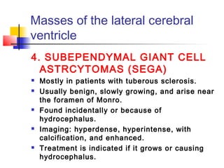 Masses of the lateral cerebral
ventricle
4. SUBEPENDYMAL GIANT CELL
ASTRCYTOMAS (SEGA)
 Mostly in patients with tuberous sclerosis.
 Usually benign, slowly growing, and arise near
the foramen of Monro.
 Found incidentally or because of
hydrocephalus.
 Imaging: hyperdense, hyperintense, with
calcification, and enhanced.
 Treatment is indicated if it grows or causing
hydrocephalus.
 