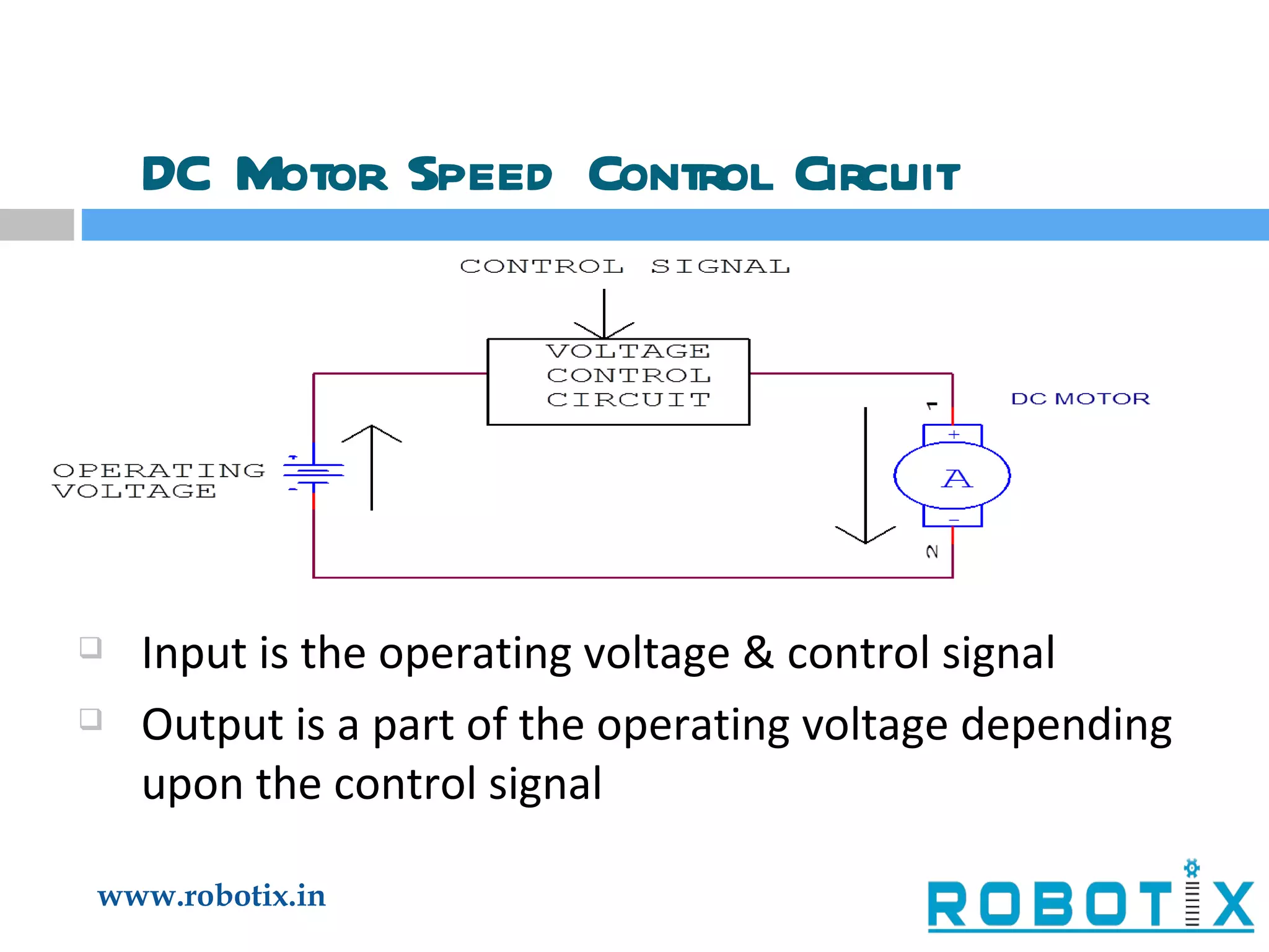DC Motor Speed Control Circuit Input is the operating voltage & control signal Output is a part of the operating voltage depending upon the control signal 