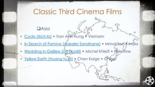 Classic Third Cinema Films
Asia
• Cyclo (Xich lo) • Tran Anh Hung • Vietnam
• In Search of Famine (Aakaler Sandhane) • Mr...
