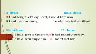 If clause main clause
If I had bought a lottery ticket, I would have won!
If I had won the lottery, I would have had a million!
Main clause If clause
I would have gone to the beach if it had rained yesterday.
I would have been single now if I hadn’t met her.
 