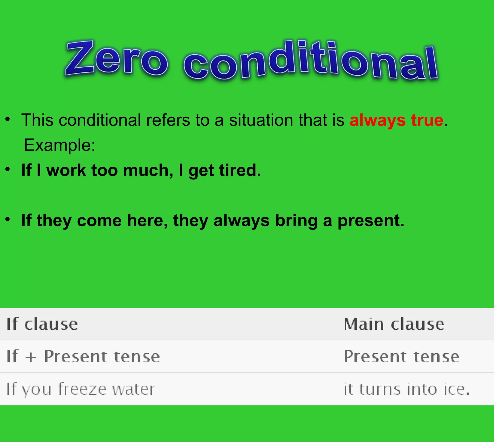 • This conditional refers to a situation that is always true.
    Example:
• If I work too much, I get tired.
    
• If they come here, they always bring a present.
     
 