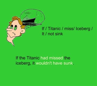 If / Titanic / miss/ Iceberg / 
             It / not sink




If the Titanic had missed the 
iceberg, it wouldn't have sunk.
 