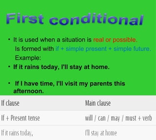 • It is used when a situation is real or possible.
    Is formed with if + simple present + simple future.
    Example:
• If it rains today, I'll stay at home.

•  If I have time, I'll visit my parents this
  afternoon.
 