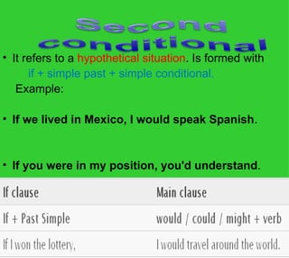 • It refers to a hypothetical situation. Is formed with  
        if + simple past + simple conditional.
    Example: 
   
• If we lived in Mexico, I would speak Spanish.


• If you were in my position, you'd understand.
 