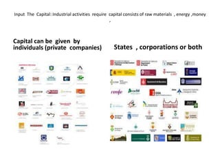 Input The Capital: Industrial activities require capital consists of raw materials , energy ,money
                                                 ,



Capital can be given by
individuals (private companies)                    States , corporations or both
 