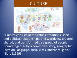CULTURE    “Culture consists of the values, traditions, social and political relationships, and worldview created, shared, and transformed by a group of people bound together by a common history, geographic location, language, social class, and/or religion.” Nieto (1999)