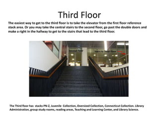 Third Floor
The easiest way to get to the third floor is to take the elevator from the first floor reference
stack area. Or you may take the central stairs to the second floor, go past the double doors and
make a right in the hallway to get to the stairs that lead to the third floor.
Second Floor Stairs to Third Floor
The Third floor has stacks PN-Z, Juvenile Collection, Oversized Collection, Connecticut Collection. Library
Administration, group study rooms, reading areas, Teaching and Learning Center, and Library Science.
 
