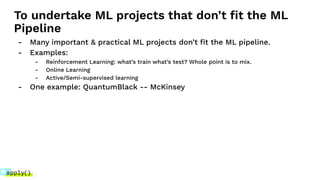 To undertake ML projects that don’t ﬁt the ML
Pipeline
- Many important & practical ML projects don’t ﬁt the ML pipeline.
- Examples:
- Reinforcement Learning: what’s train what’s test? Whole point is to mix.
- Online Learning
- Active/Semi-supervised learning
- One example: QuantumBlack -- McKinsey
 