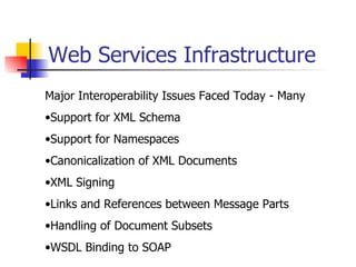Web Services Infrastructure Major Interoperability Issues Faced Today - Many Support for XML Schema Support for Namespaces Canonicalization of XML Documents XML Signing Links and References between Message Parts Handling of Document Subsets WSDL Binding to SOAP 