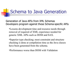 Schema to Java Generation Lessens  development time and resource needs through removal of required of XML experience needed for generic XML APIs such as DOM and SAX.   Superior type checking; most  constraint and structure checking is done at compilation time as the Java classes have been generated from the schema. Performance worse than DOM with Validation Generation of Java APIs from XML Schemas Developers program against these Schema-specific APIs 
