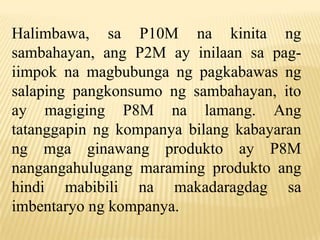 Halimbawa, sa P10M na kinita ng
sambahayan, ang P2M ay inilaan sa pagiimpok na magbubunga ng pagkabawas ng
salaping pangkonsumo ng sambahayan, ito
ay magiging P8M na lamang. Ang
tatanggapin ng kompanya bilang kabayaran
ng mga ginawang produkto ay P8M
nangangahulugang maraming produkto ang
hindi mabibili na makadaragdag sa
imbentaryo ng kompanya.

 