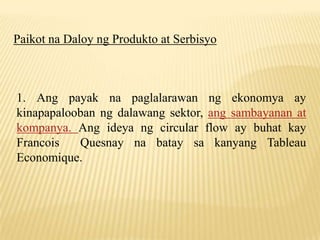 Paikot na Daloy ng Produkto at Serbisyo

1. Ang payak na paglalarawan ng ekonomya ay
kinapapalooban ng dalawang sektor, ang sambayanan at
kompanya. Ang ideya ng circular flow ay buhat kay
Francois
Quesnay na batay sa kanyang Tableau
Economique.

 