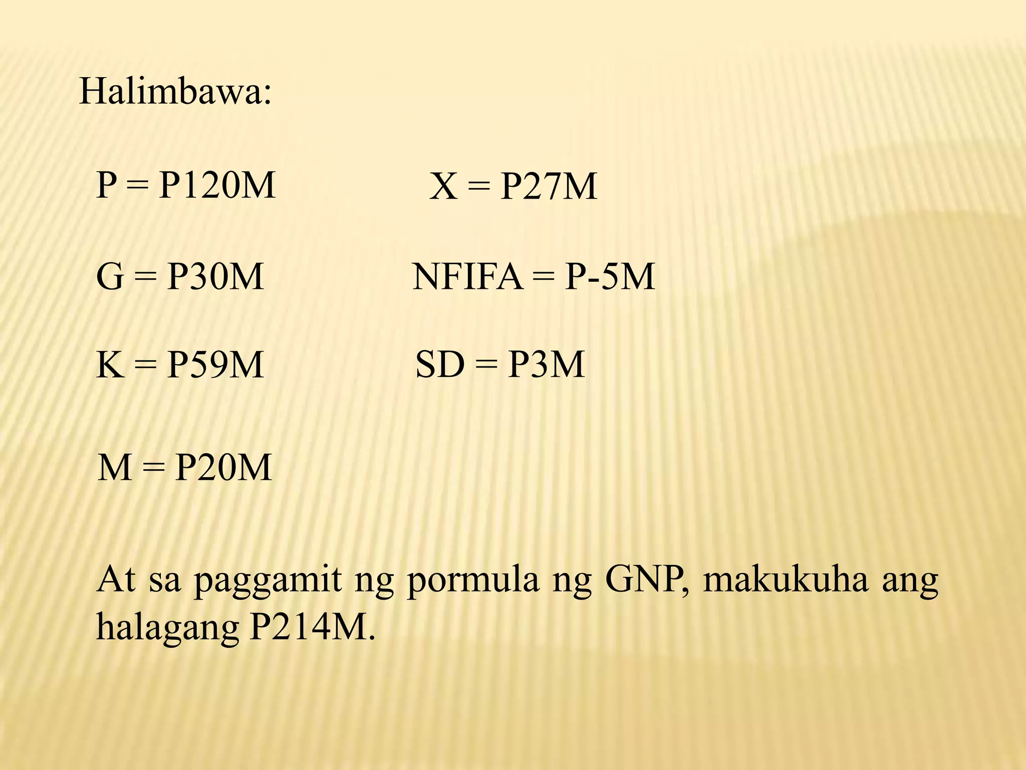 Halimbawa:
P = P120M

X = P27M

G = P30M

NFIFA = P-5M

K = P59M

SD = P3M

M = P20M
At sa paggamit ng pormula ng GNP, makukuha ang
halagang P214M.

 