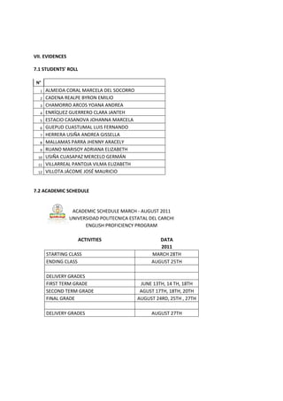 VII. EVIDENCES

7.1 STUDENTS’ ROLL

 N°
  1   ALMEIDA CORAL MARCELA DEL SOCORRO
  2   CADENA REALPE BYRON EMILIO
  3   CHAMORRO ARCOS YOANA ANDREA
  4   ENRÍQUEZ GUERRERO CLARA JANTEH
  5   ESTACIO CASANOVA JOHANNA MARCELA
  6   GUEPUD CUASTUMAL LUIS FERNANDO
  7   HERRERA USIÑA ANDREA GISSELLA
  8   MALLAMAS PARRA JHENNY ARACELY
  9   RUANO MARISOY ADRIANA ELIZABETH
 10   USIÑA CUASAPAZ MERCELO GERMÁN
 11   VILLARREAL PANTOJA VILMA ELIZABETH
 12   VILLOTA JÁCOME JOSÉ MAURICIO


7.2 ACADEMIC SCHEDULE


                  ACADEMIC SCHEDULE MARCH - AUGUST 2011
                 UNIVERSIDAD POLITECNICA ESTATAL DEL CARCHI
                       ENGLISH PROFICIENCY PROGRAM

                     ACTIVITIES                      DATA
                                                     2011
      STARTING CLASS                              MARCH 28TH
      ENDING CLASS                                AUGUST 25TH

      DELIVERY GRADES
      FIRST TERM GRADE                       JUNE 13TH, 14 TH, 18TH
      SECOND TERM GRADE                      AGUST 17TH, 18TH, 20TH
      FINAL GRADE                           AUGUST 24RD, 25TH , 27TH

      DELIVERY GRADES                             AUGUST 27TH
 