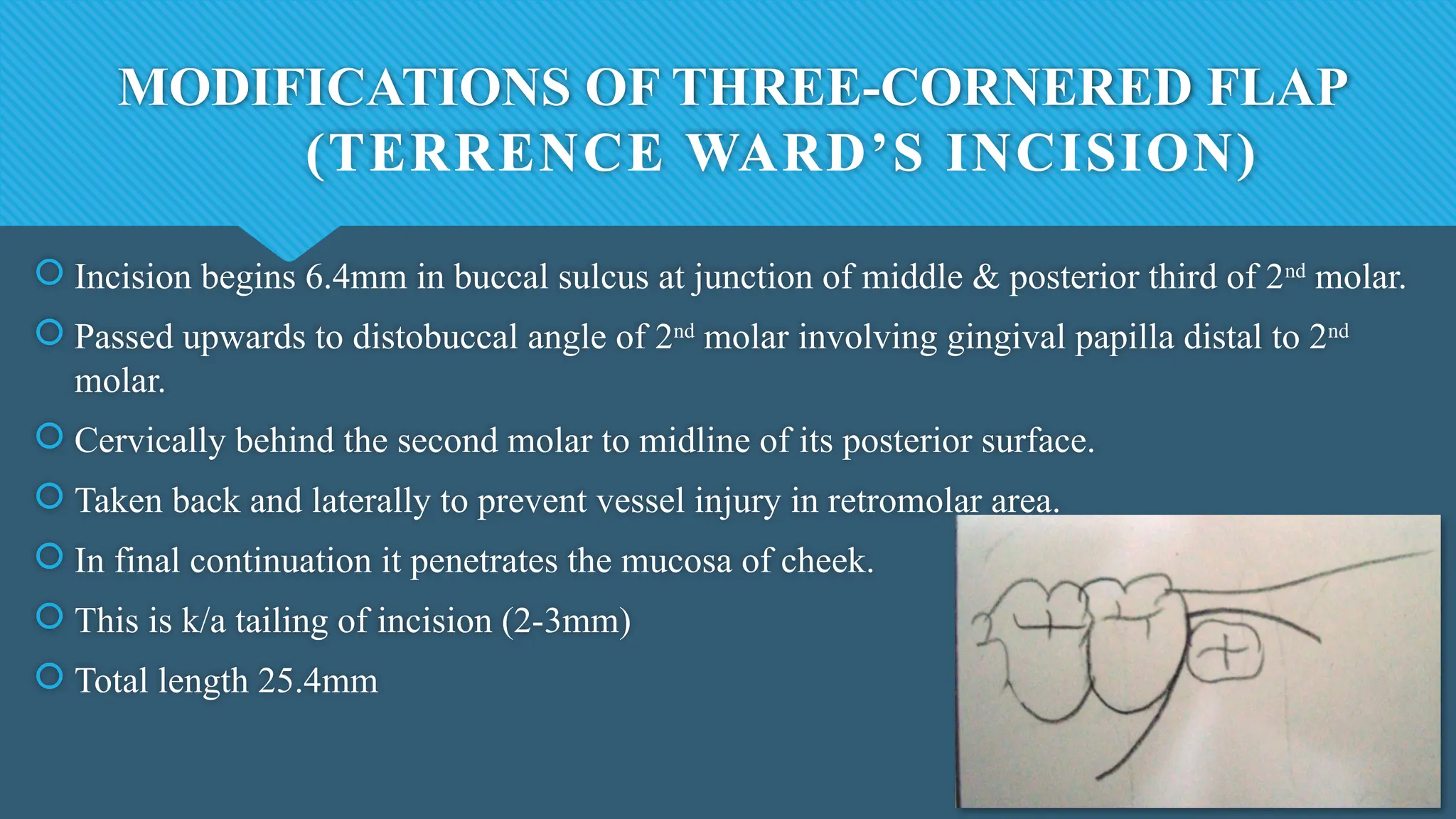 MODIFICATIONS OF THREE-CORNERED FLAP
(TERRENCE WARD’S INCISION)
 Incision begins 6.4mm in buccal sulcus at junction of middle & posterior third of 2nd
molar.
 Passed upwards to distobuccal angle of 2nd
molar involving gingival papilla distal to 2nd
molar.
 Cervically behind the second molar to midline of its posterior surface.
 Taken back and laterally to prevent vessel injury in retromolar area.
 In final continuation it penetrates the mucosa of cheek.
 This is k/a tailing of incision (2-3mm)
 Total length 25.4mm
 