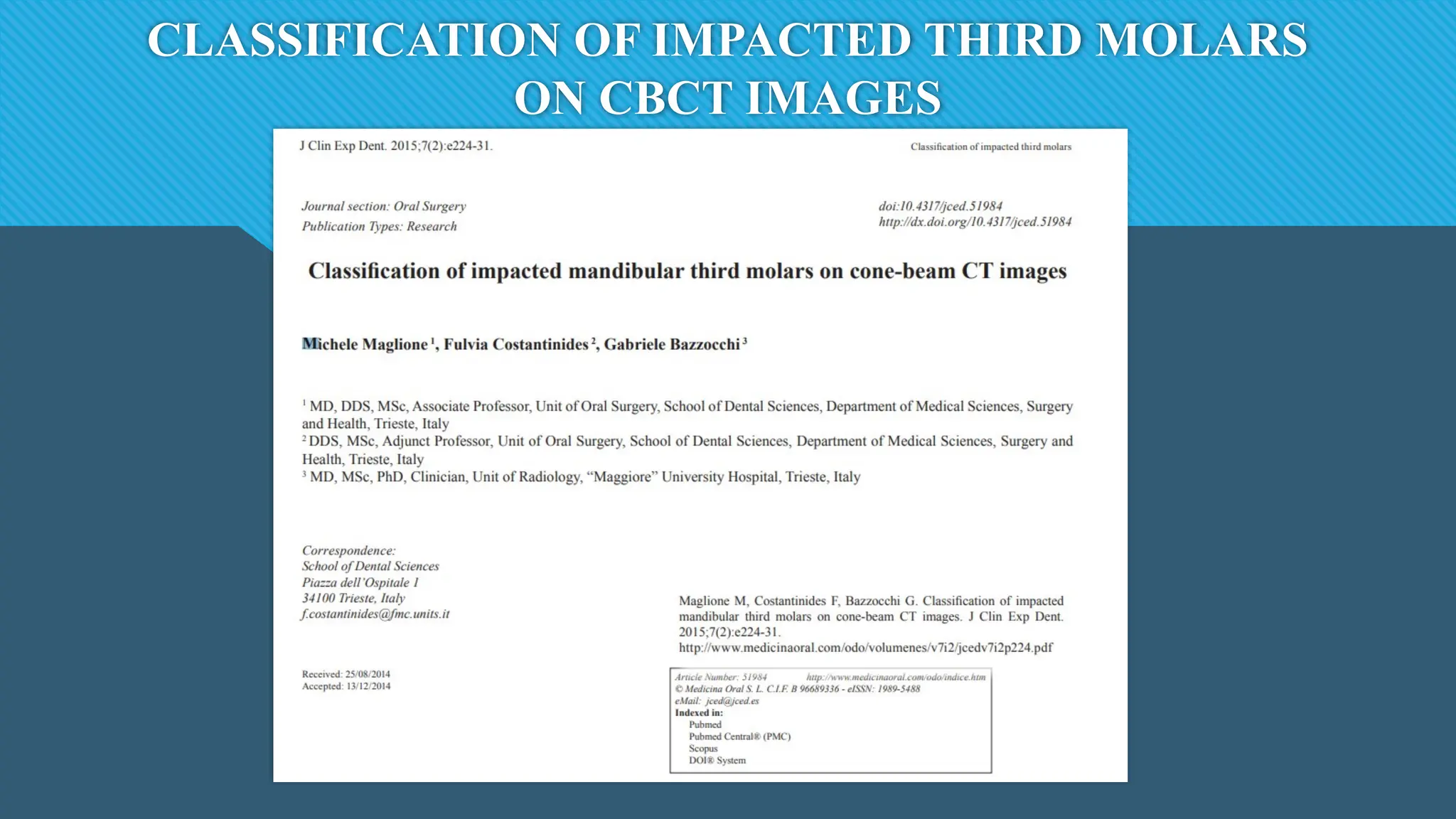CLASSIFICATION OF IMPACTED THIRD MOLARS
ON CBCT IMAGES
 